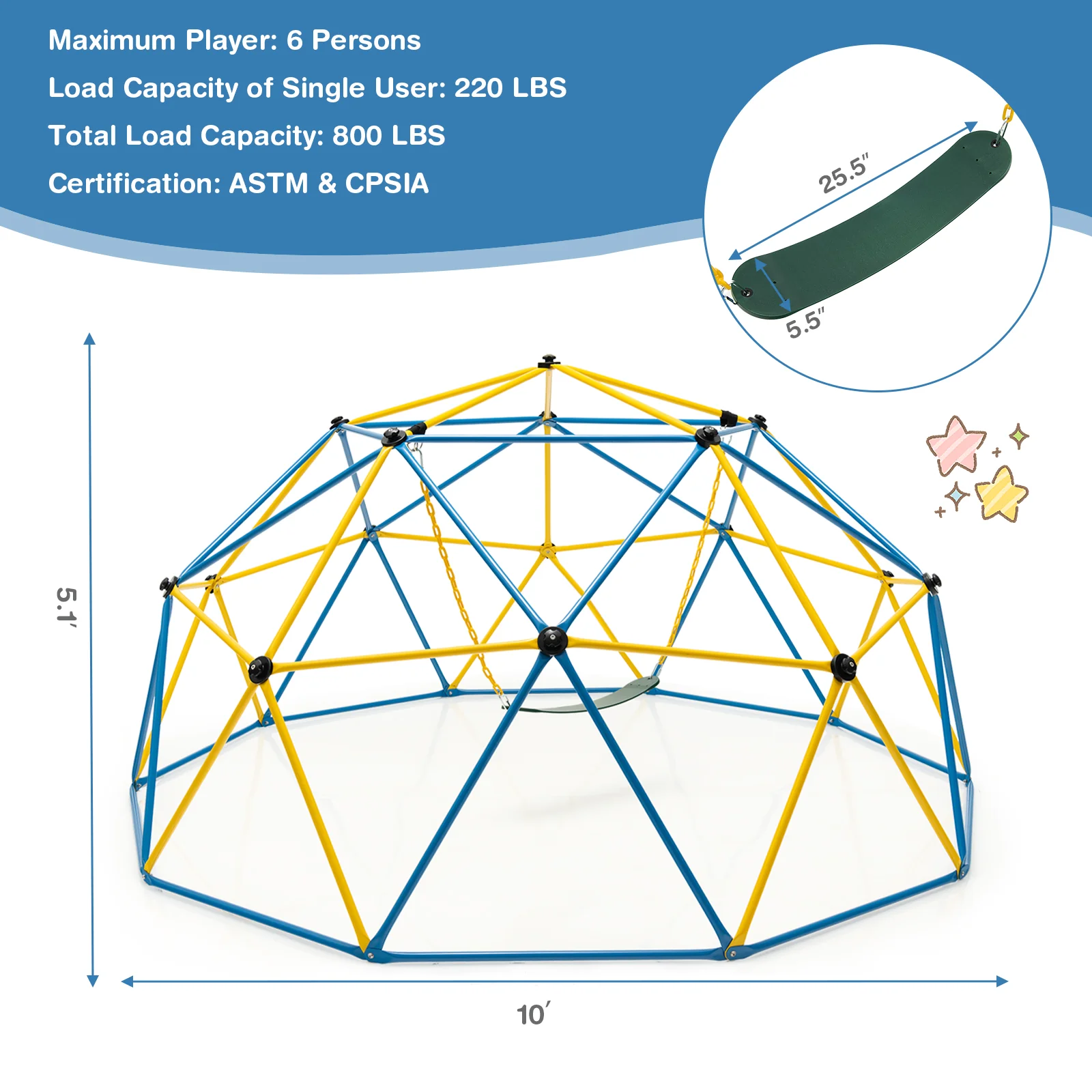 10 Feet Dome Climber with Swing and 800 Lbs Load Capacity - Image 5
