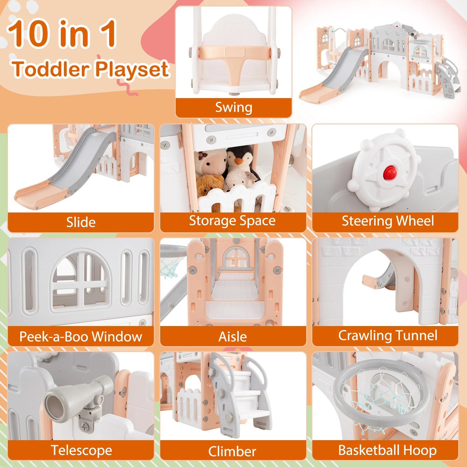 10-in-1 Toddler Swing and Slide Set Climber Playset with Basketball Hoop - Image 5