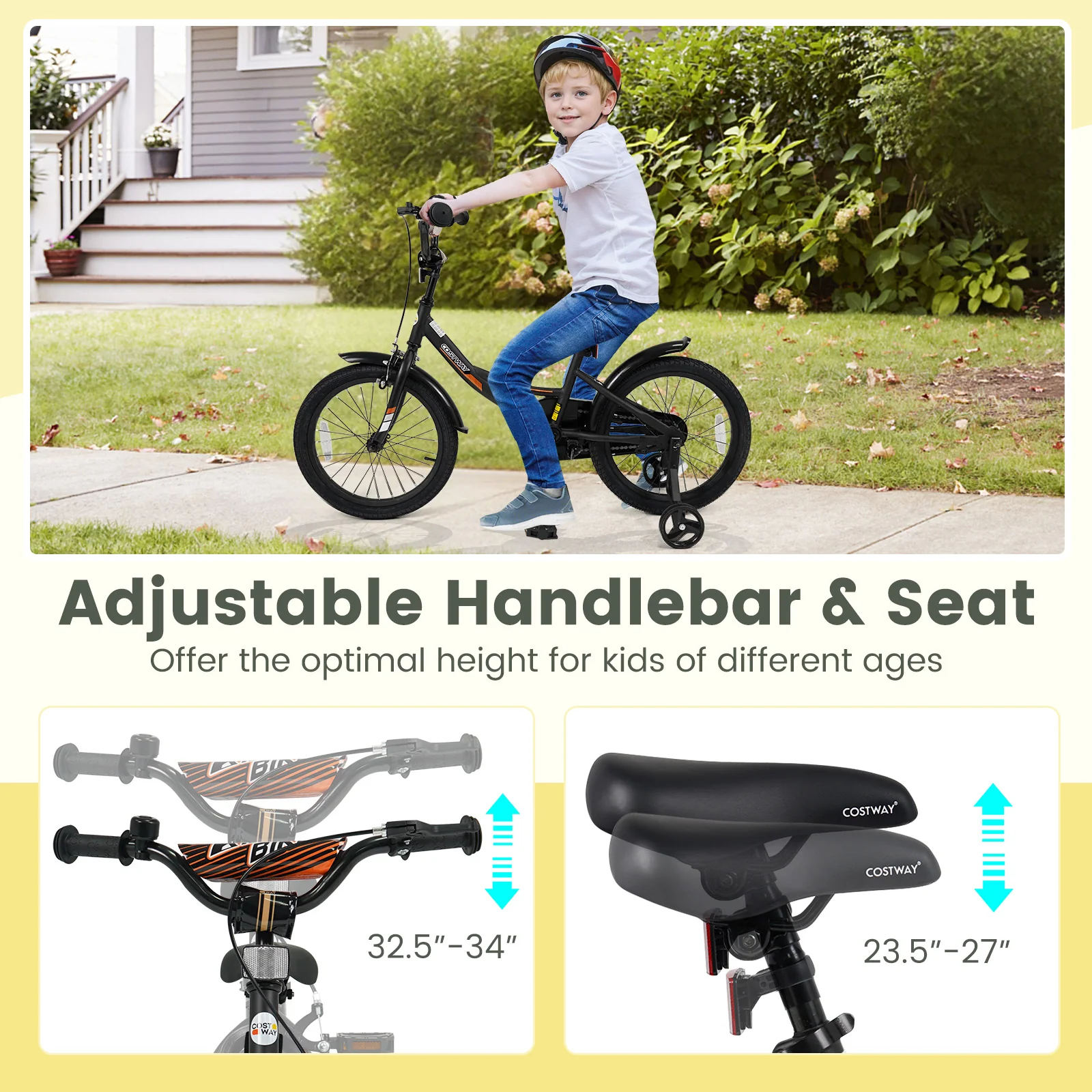 12/14/16/18 Inches Kids Bike with Removable Training Wheels and Adjustable Seatfor 3-8 Years Old Black - Image 22