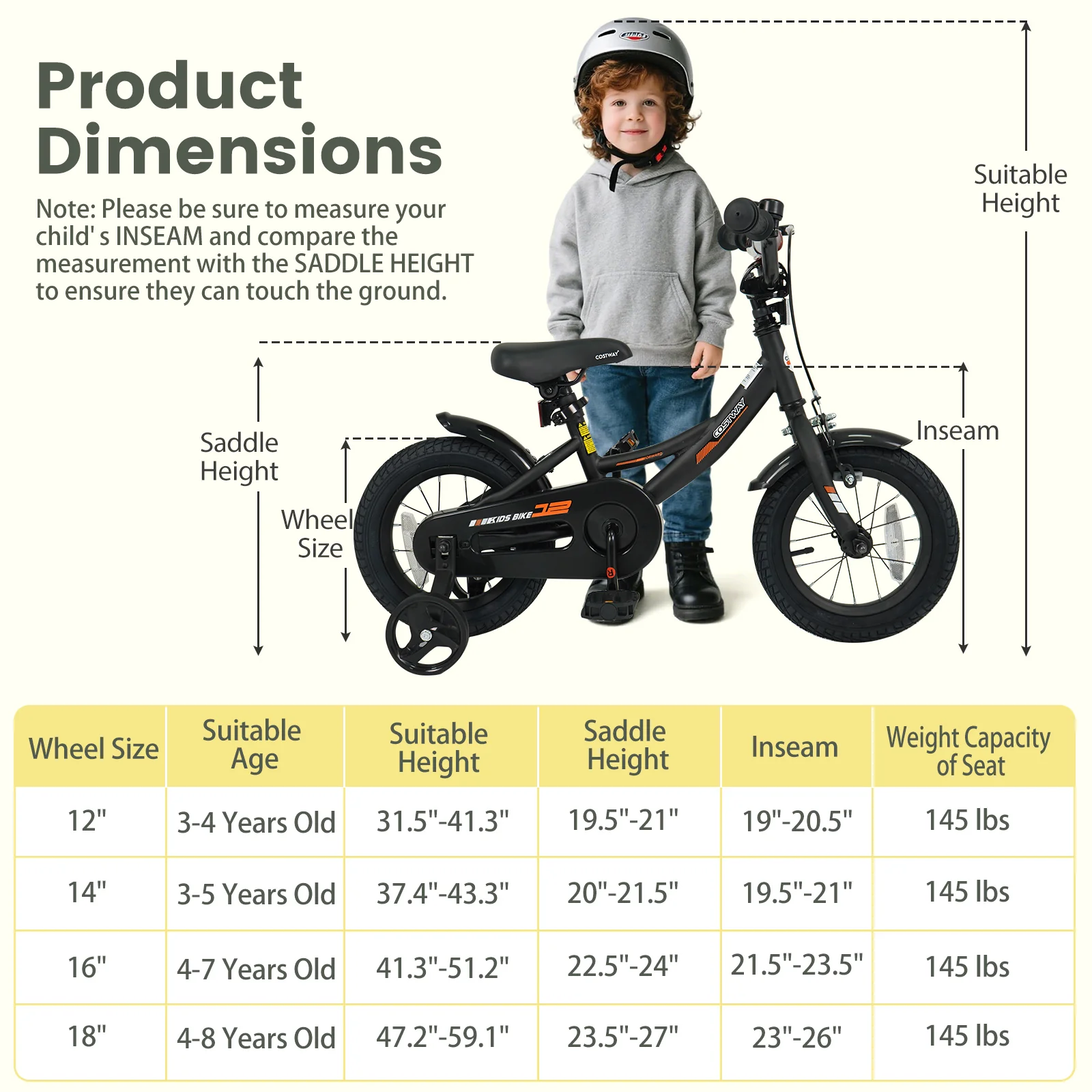 12/14/16/18 Inches Kids Bike with Removable Training Wheels and Adjustable Seatfor 3-8 Years Old Black - Image 28