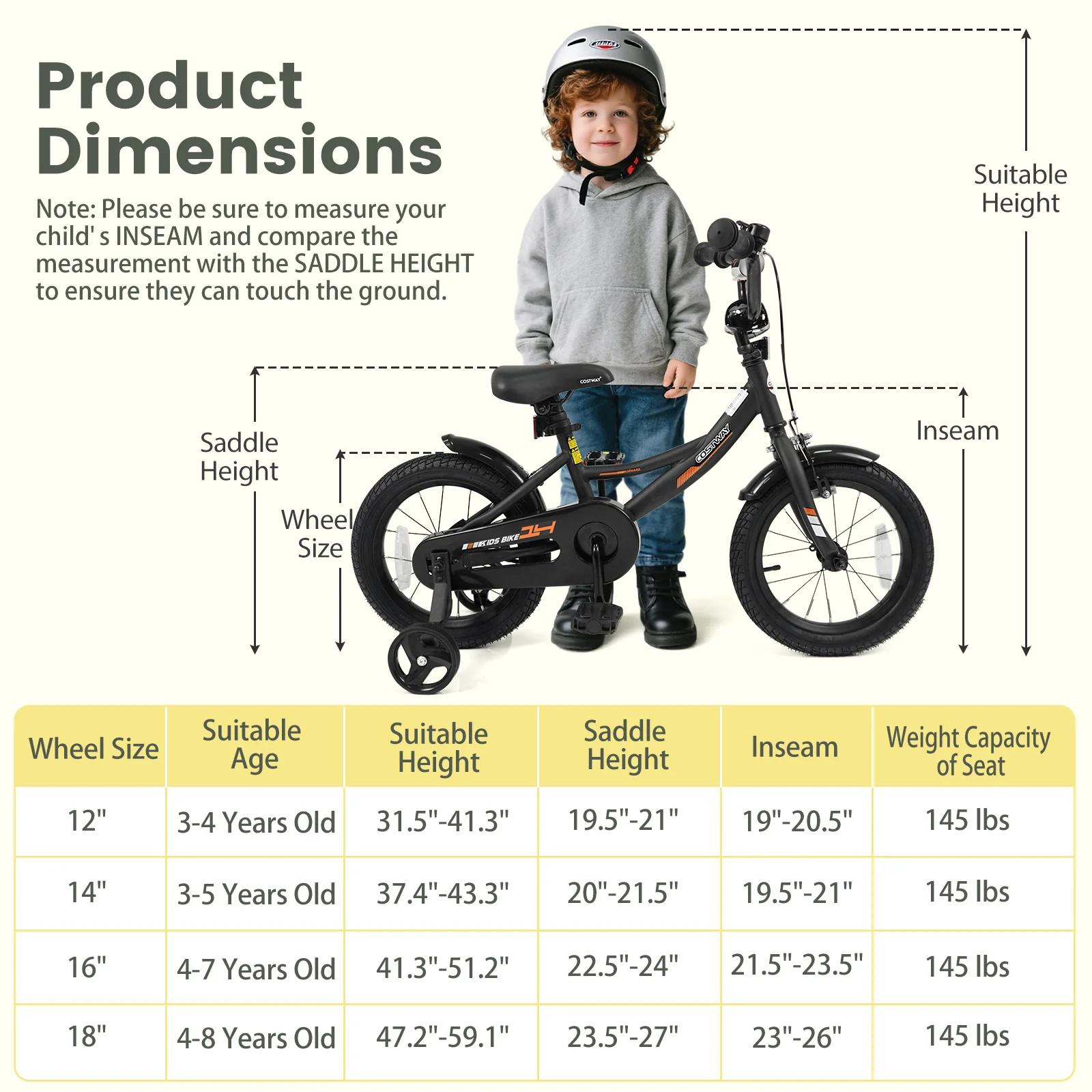 12/14/16/18 Inches Kids Bike with Removable Training Wheels and Adjustable Seatfor 3-8 Years Old Black - Image 4