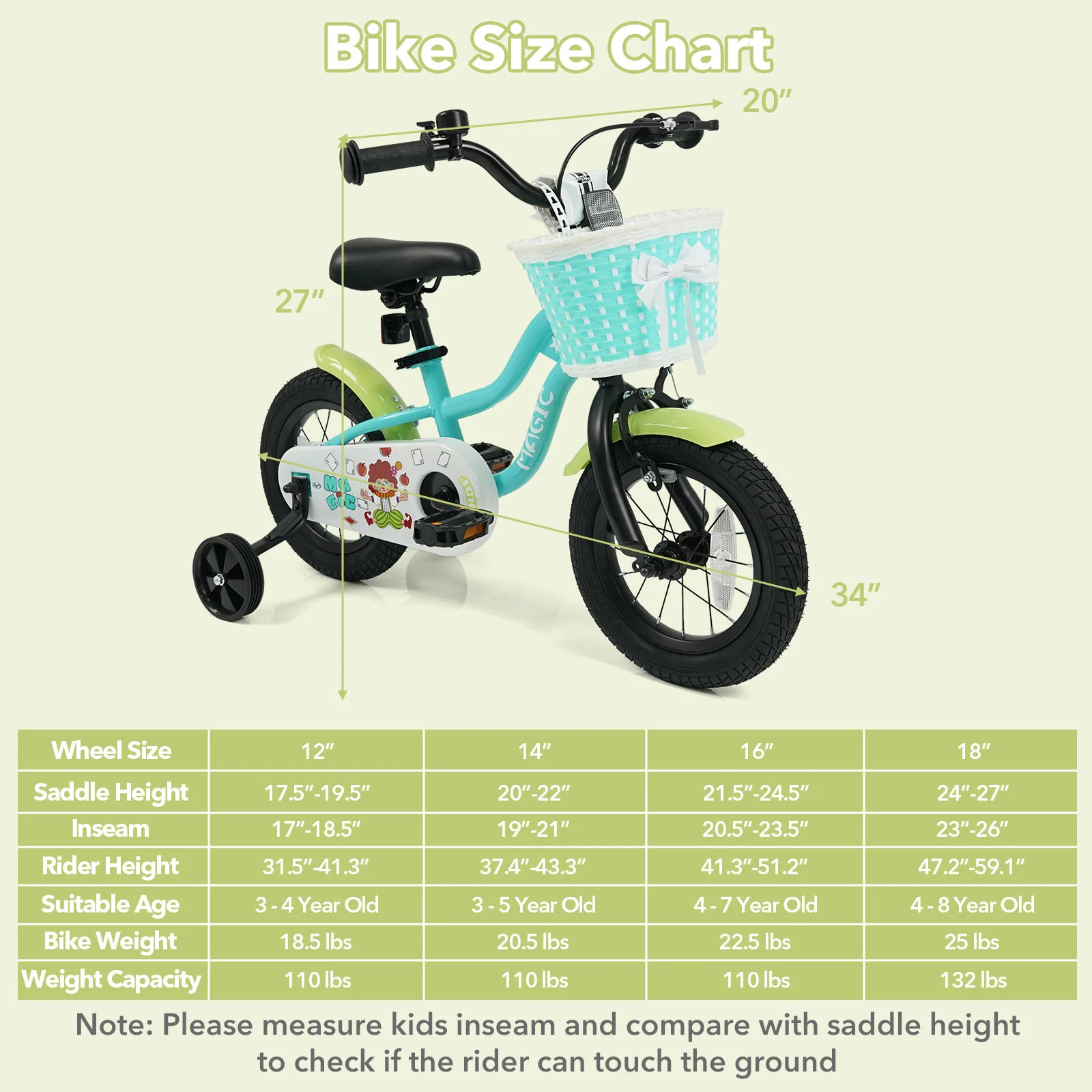 12/14/16 Inch Kids Bike with Training Wheels and Basket Green Color - Image 20