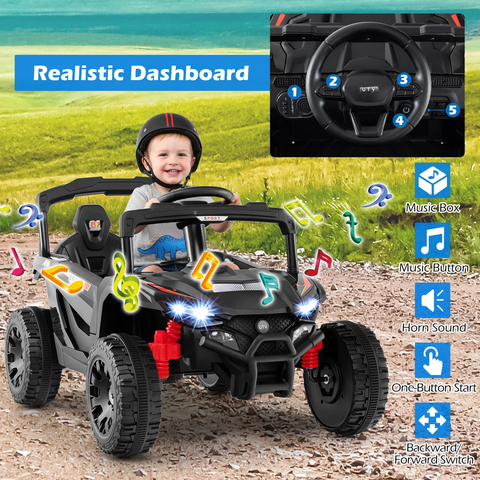 12V Kids Ride On Car UTV Electric Vehicle with LED Lights Music and Horn - Image 7