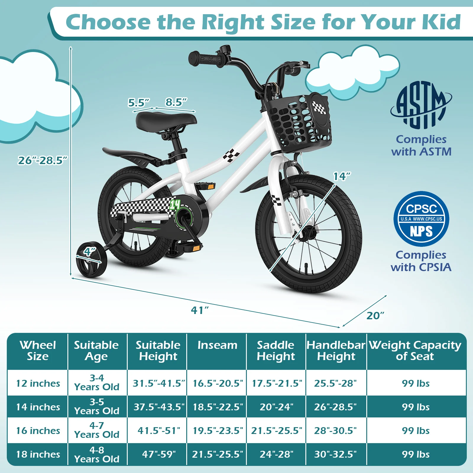 14 Inch Kids Bike with Helmet Protective Set White - Image 4