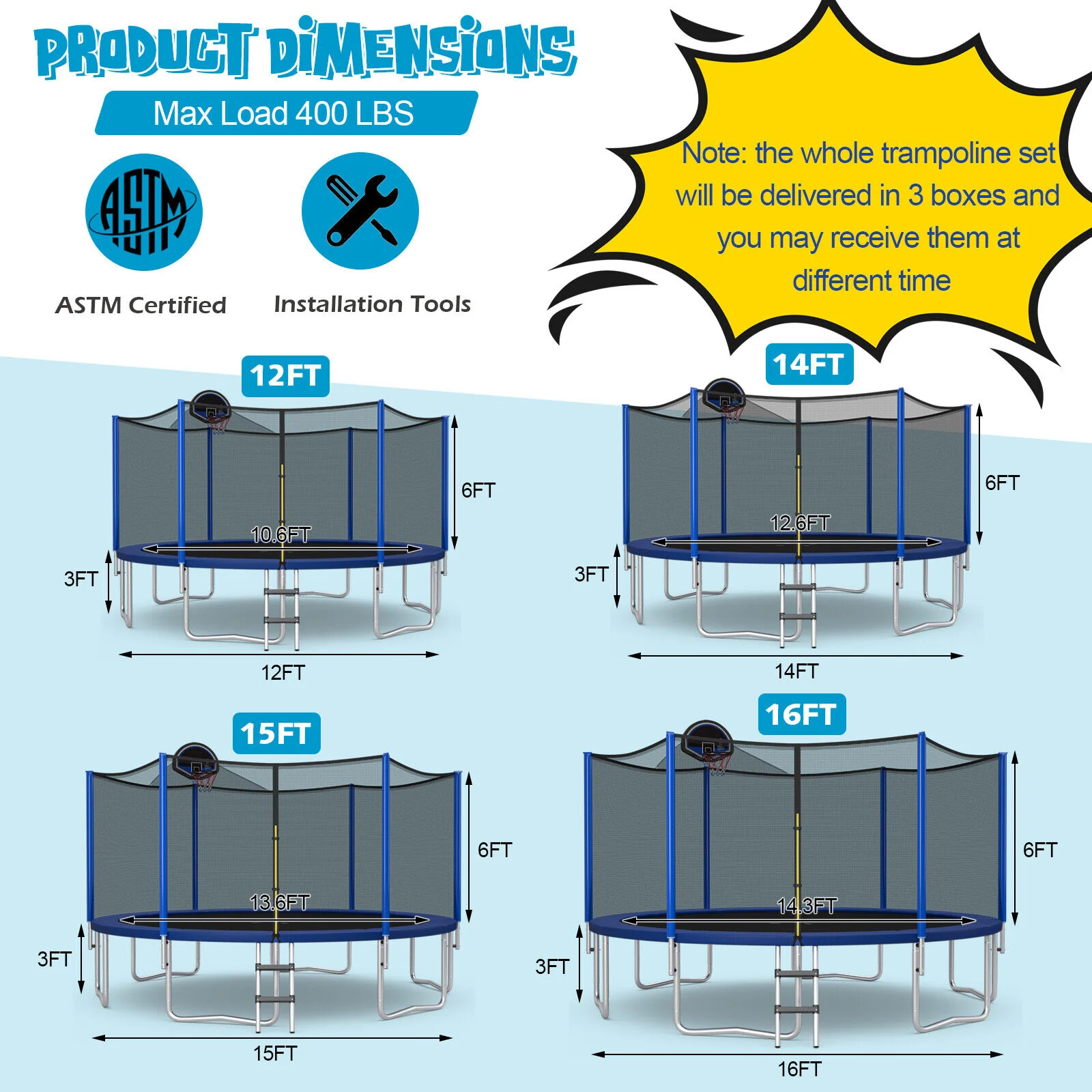 15/16 Feet Outdoor Recreational Trampoline with Enclosure Net - Image 12