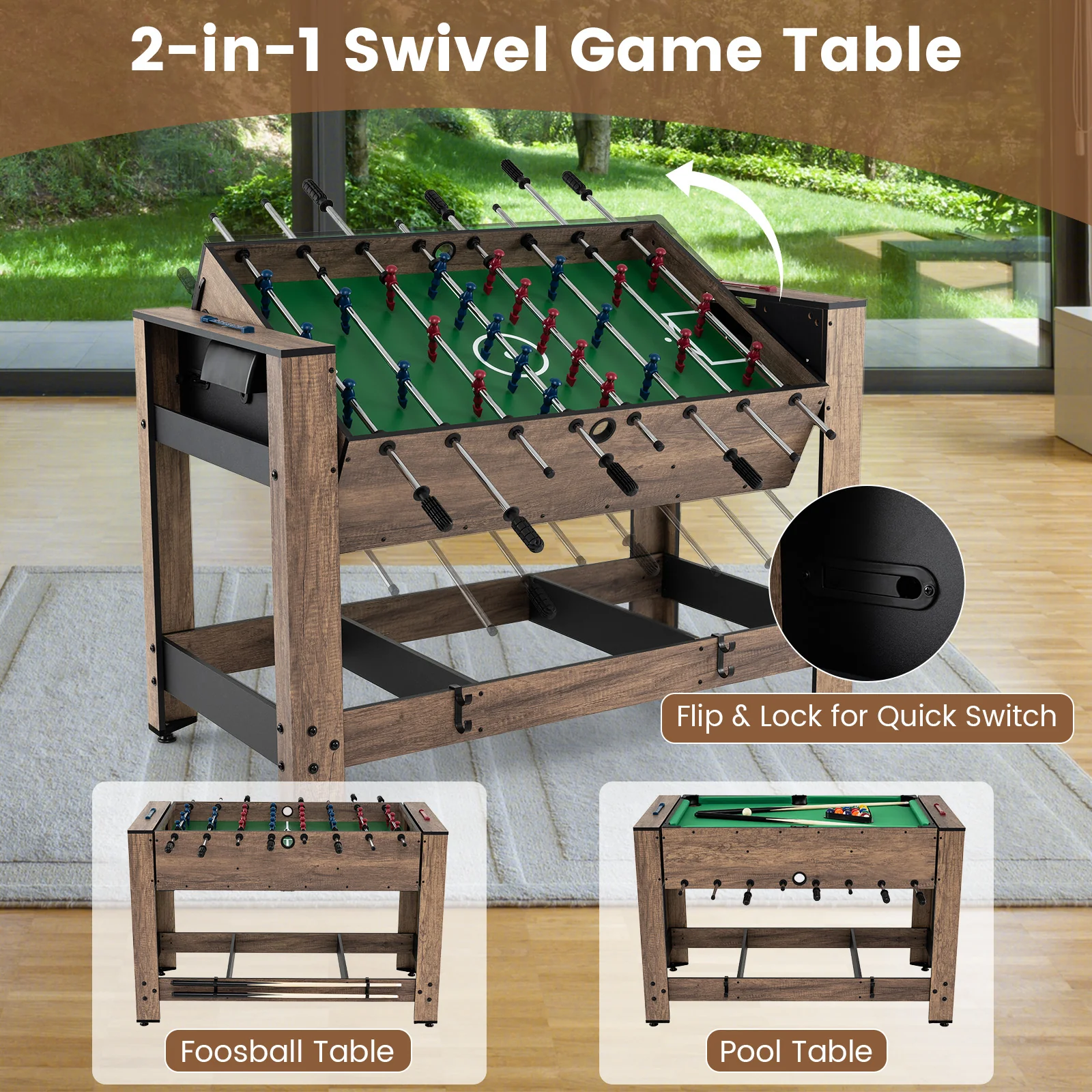 2-in-1 Swivel Foosball and Pool Combo Game Table -Natural - Image 5