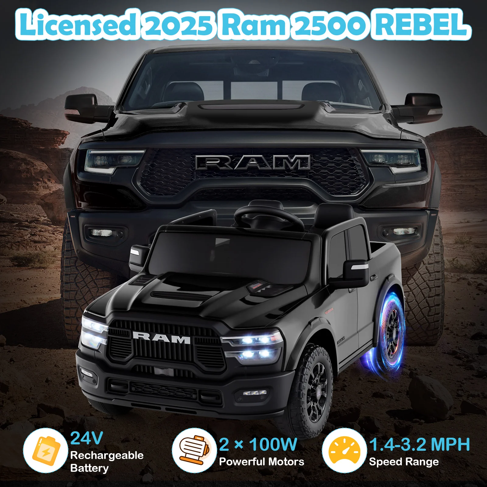 2 Seater 24V Ride on Toy for Big Kids Licensed Ram Truck with Remote and Music - Image 32