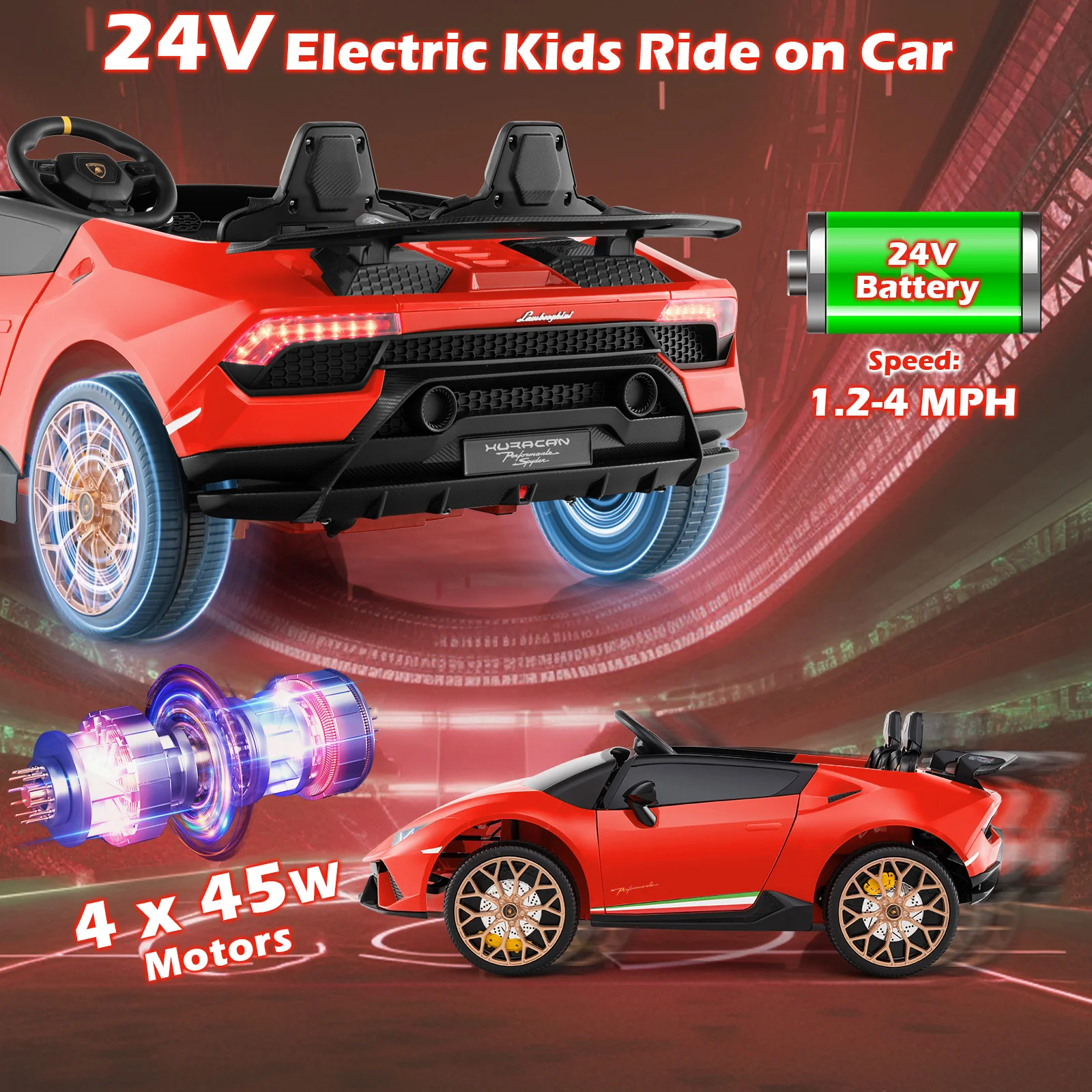 24V Ride-on Car for Kids 4WD 2-Seater Licensed Lamborghini Electric Vehicles with Music - Image 15
