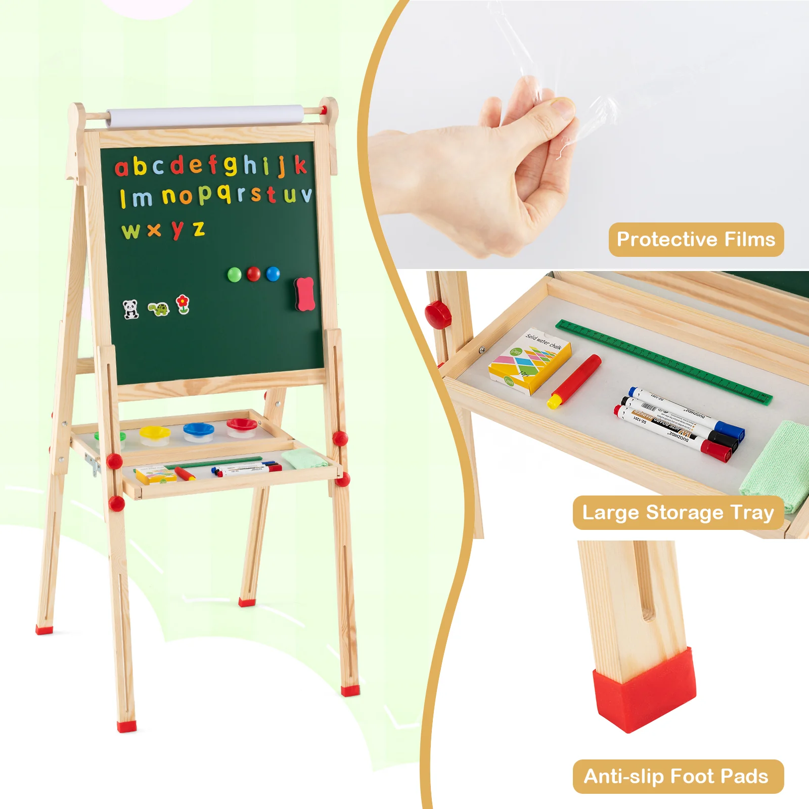 3-in-1 Double-Sided Folding Wooden Kids Art Easel with Paper Roll - Image 6
