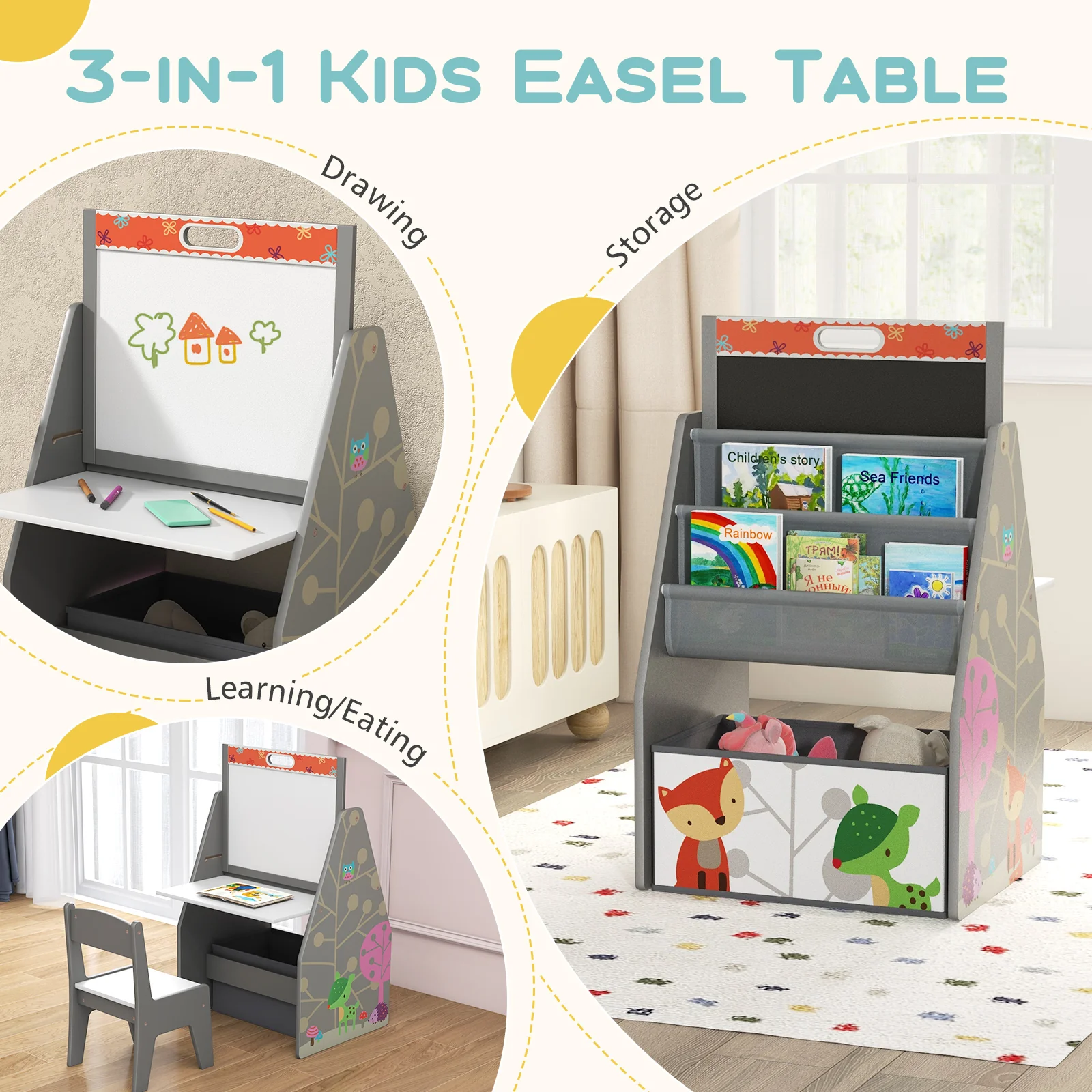 3 in 1 Kids Easel and Play Station Convertible with Chair and Storage Bins - Image 6