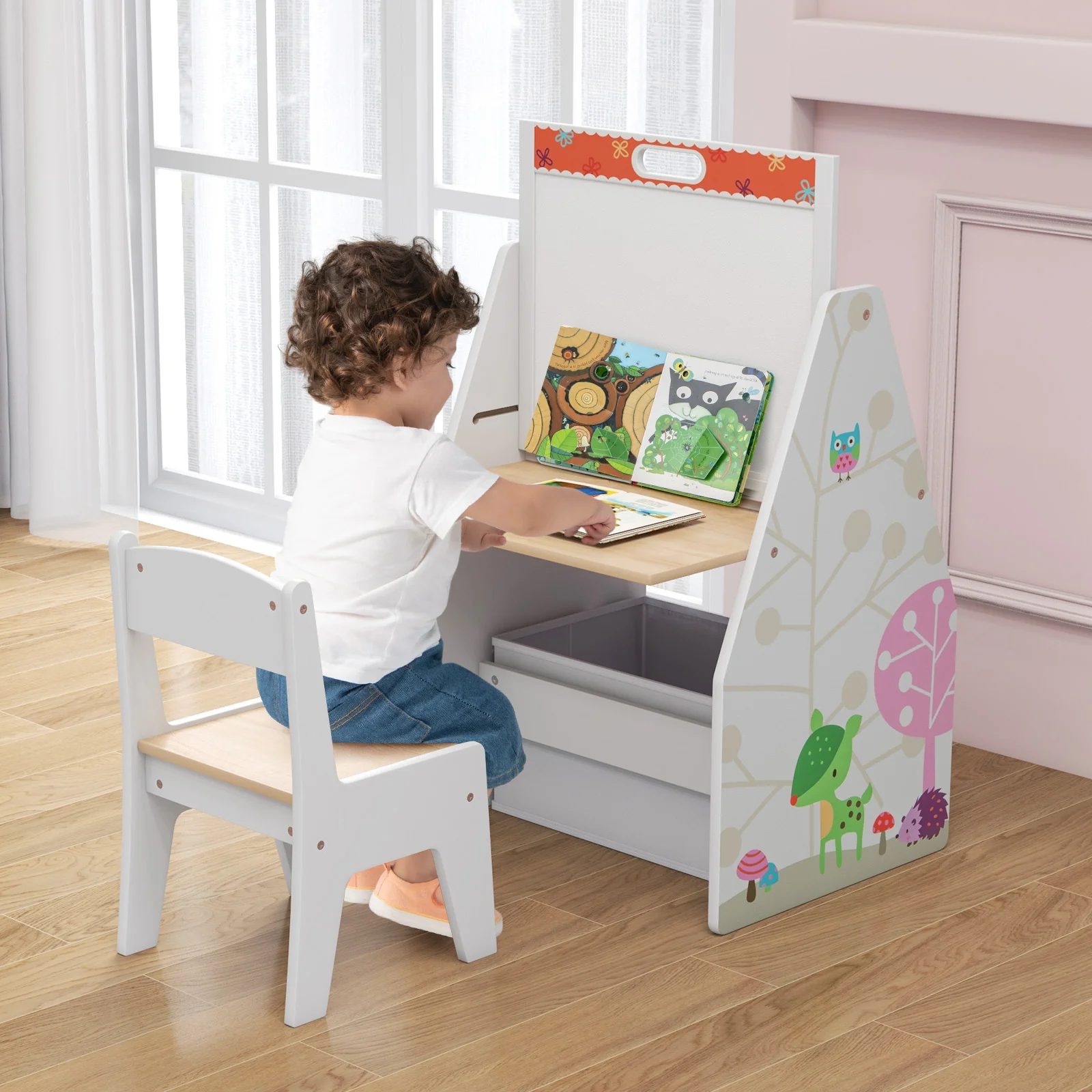 3 in 1 Kids Easel and Play Station Convertible with Chair and Storage Bins - Image 9
