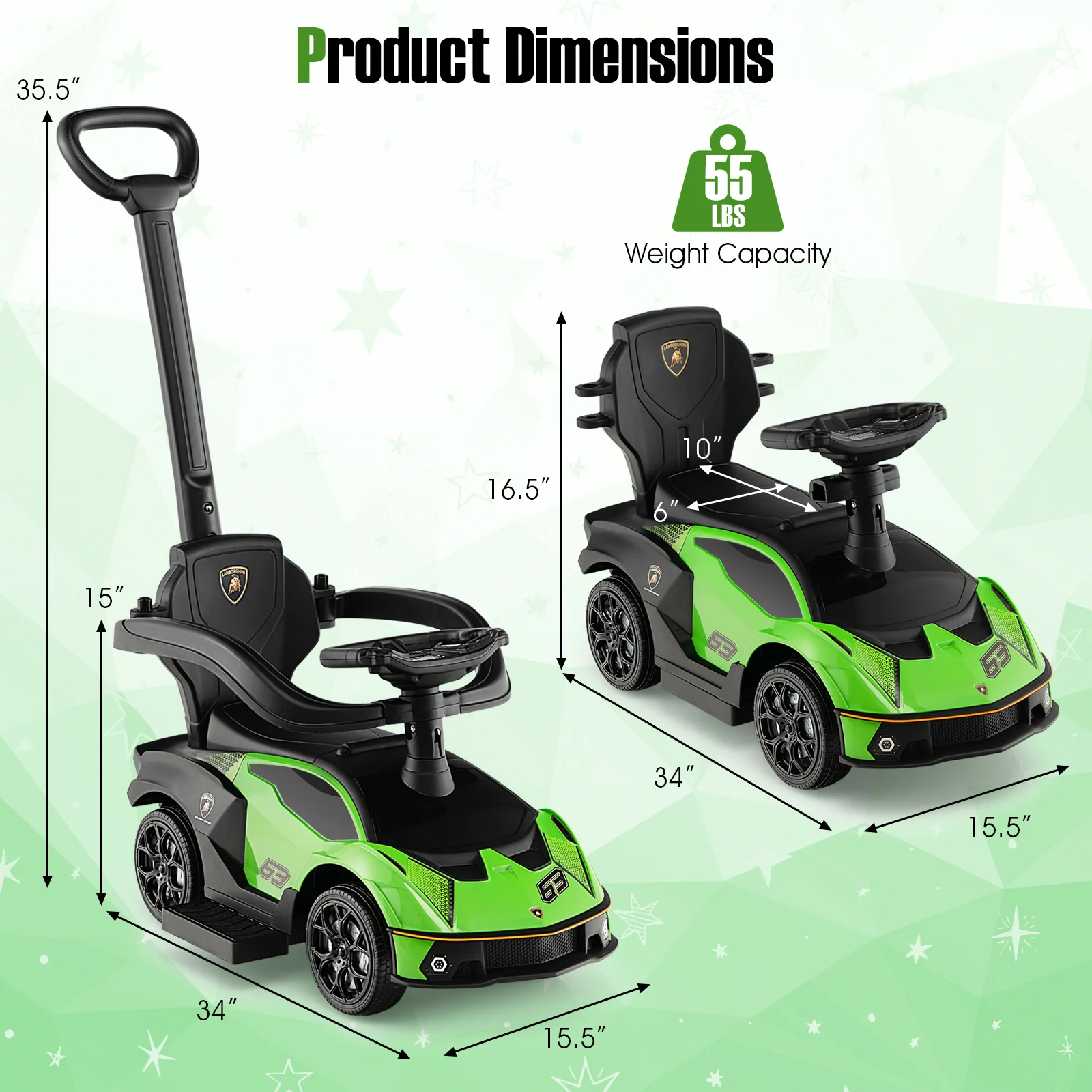 3-in-1 Licensed Lamborghini Ride on Push Car with Handle Guardrail - Image 5