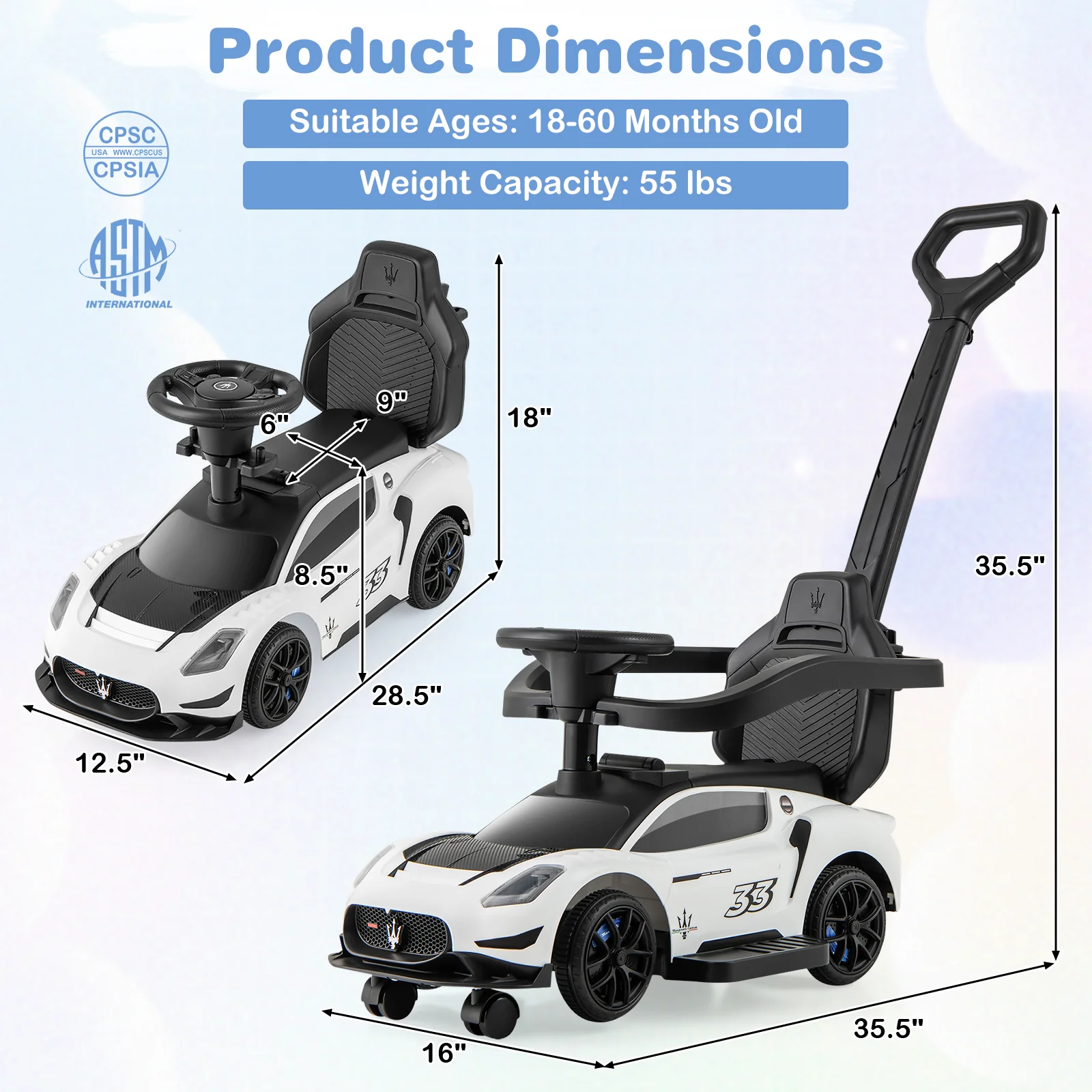 3-in-1 Ride on Push Car Maserati Licensed Sliding Car with Music - Image 13