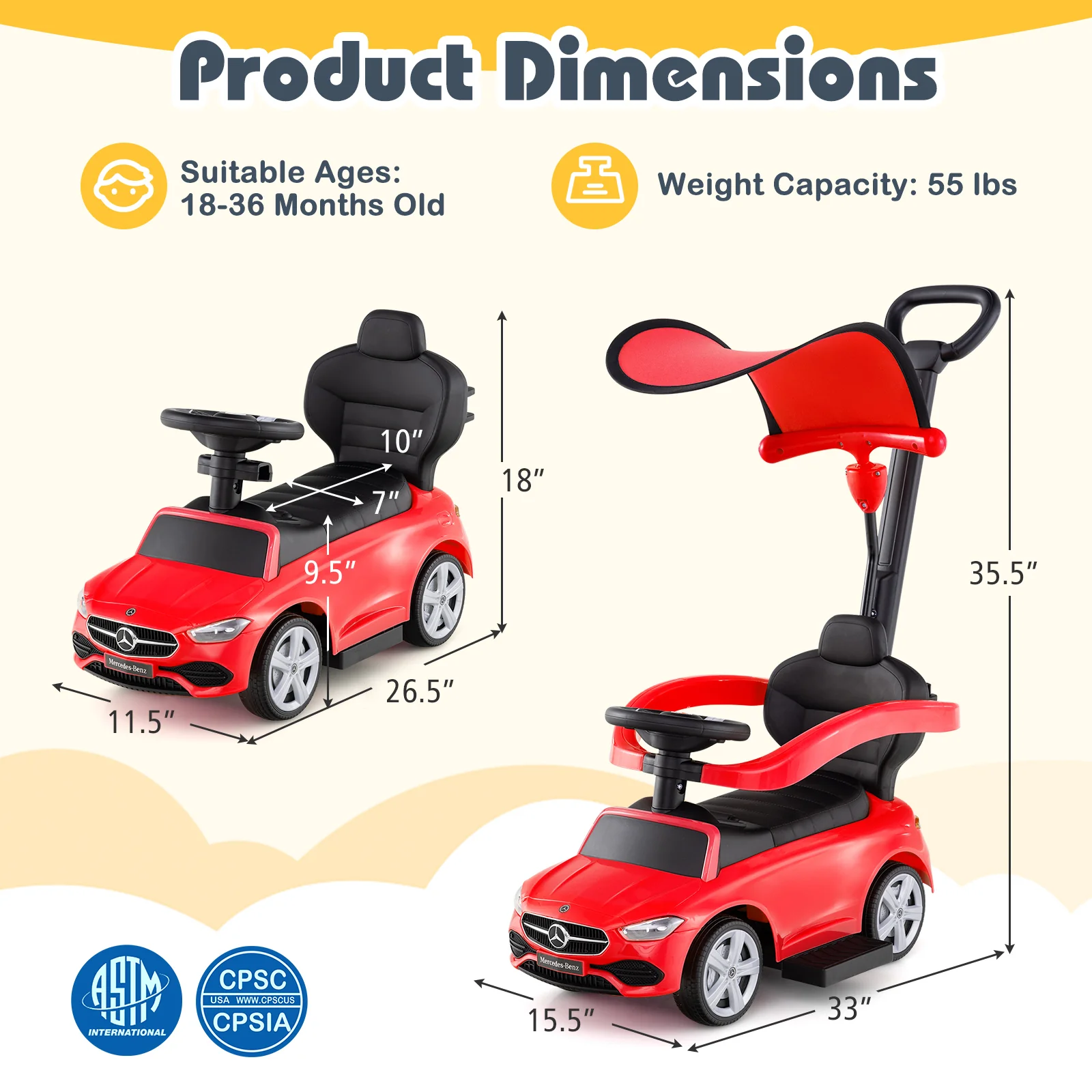 3-in-1 Ride on Push Car Mercedes-Benz Licensed Sliding Car with Canopy - Image 13