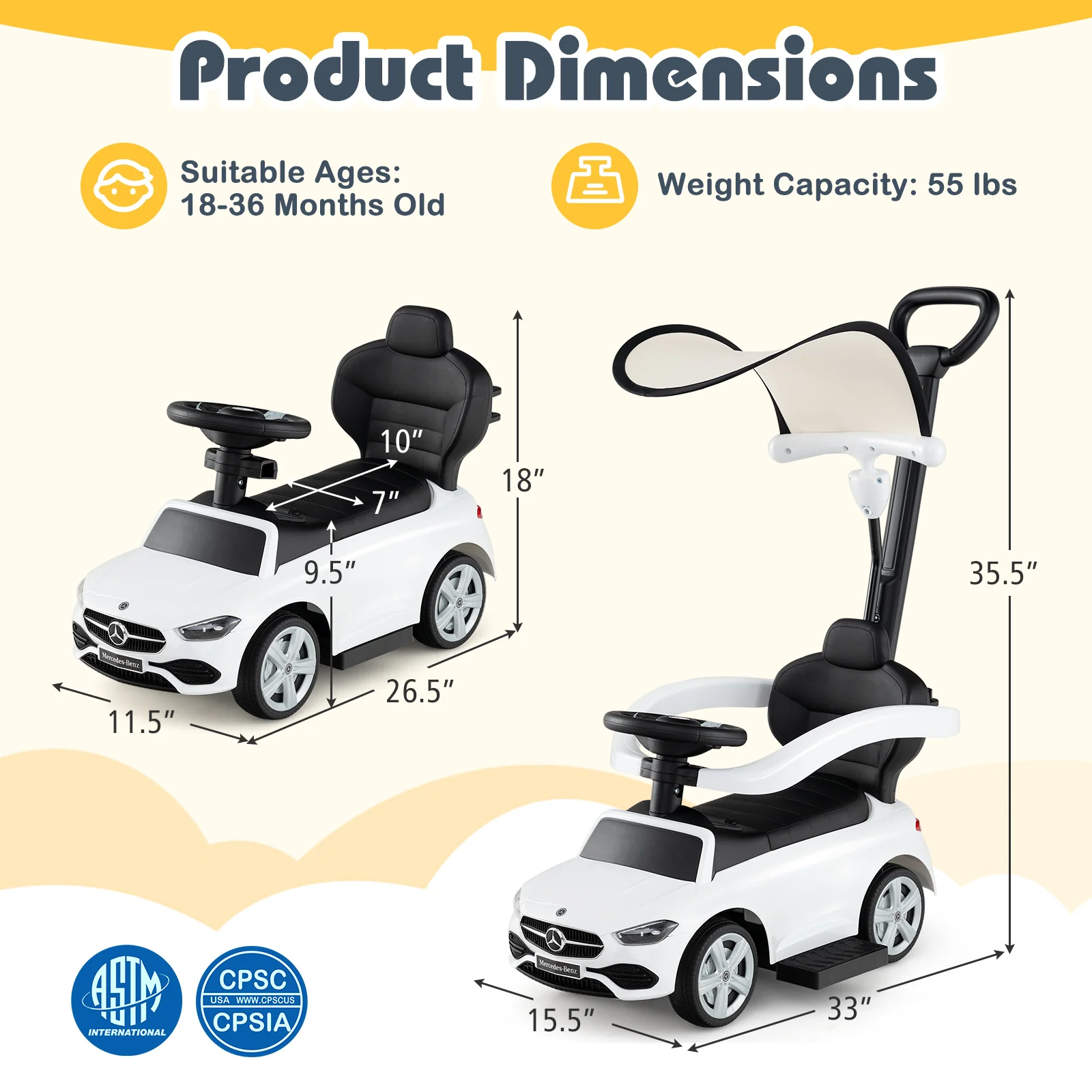 3-in-1 Ride on Push Car Mercedes-Benz Licensed Sliding Car with Canopy - Image 22