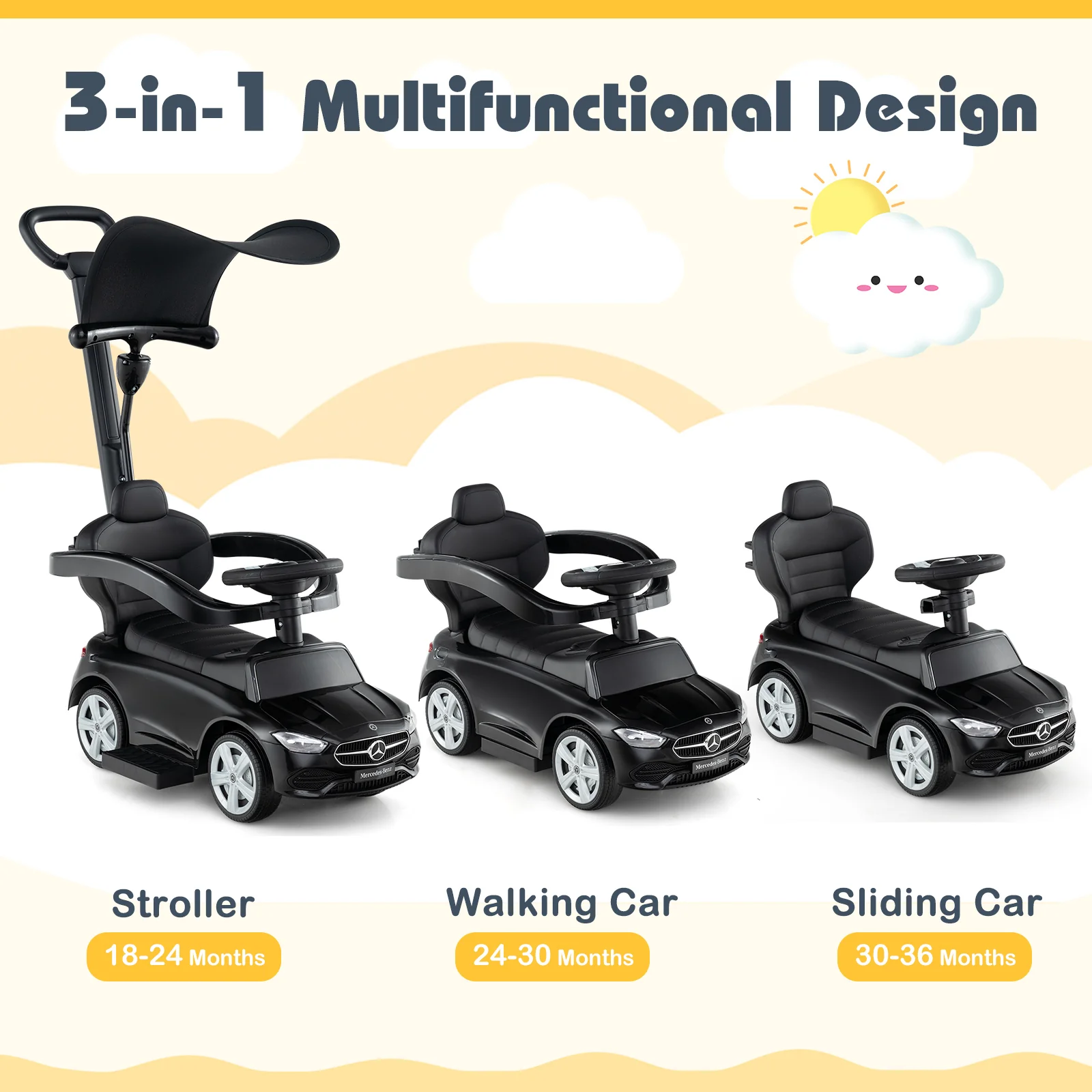 3-in-1 Ride on Push Car Mercedes-Benz Licensed Sliding Car with Canopy - Image 30