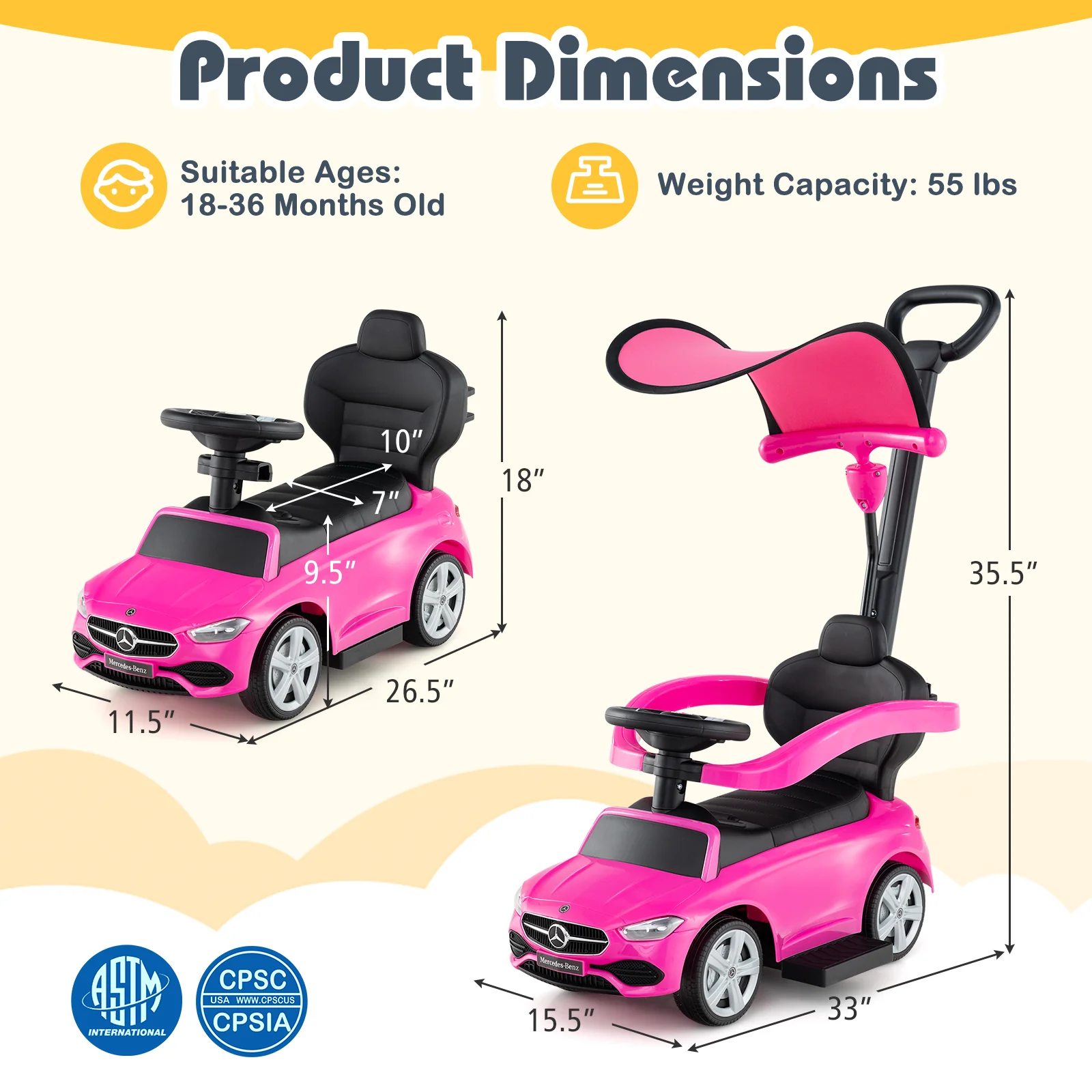 3-in-1 Ride on Push Car Mercedes-Benz Licensed Sliding Car with Canopy - Image 37