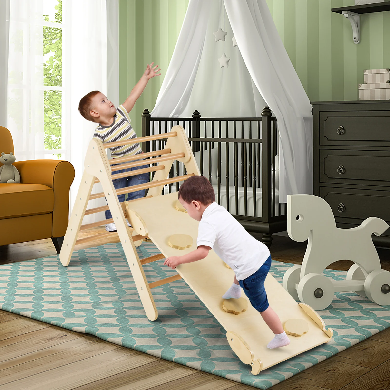 3-in-1 Wooden Climbing Triangle Set Triangle Climber with Ramp - Image 9