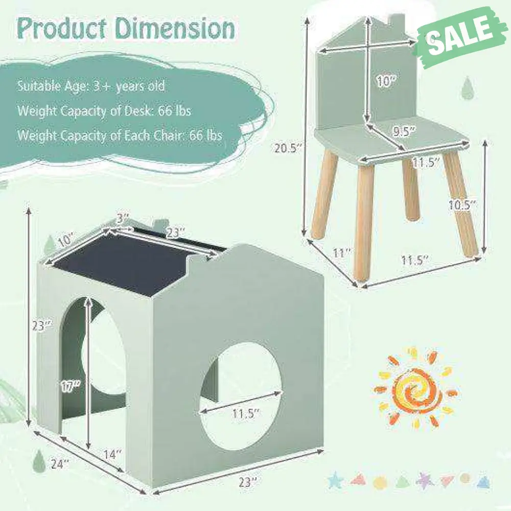 3 Pieces Wooden Kids Table and Chair Set-Green - Image 4