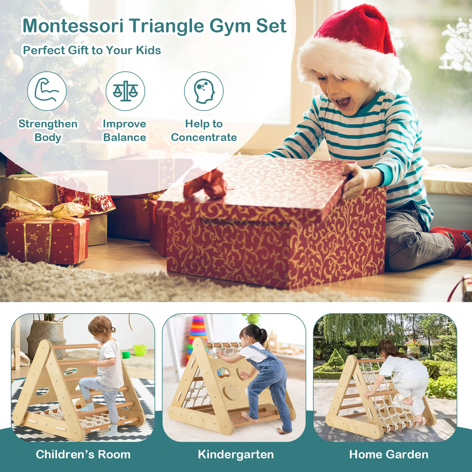 4 in 1 Triangle Climber Toy with Sliding Board and Climbing Net - Image 13