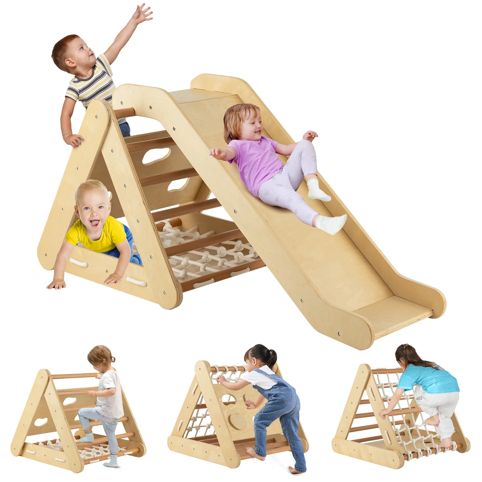 4 in 1 Triangle Climber Toy with Sliding Board and Climbing Net - Image 15