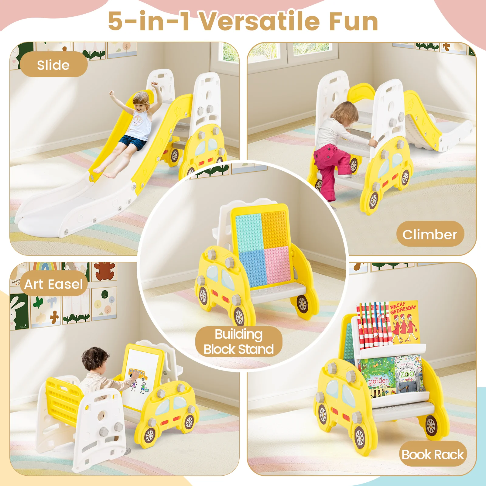 5 in 1 Convertible Toddler Slide Set Kids Art Easel with Stool and Book Rack - Image 14