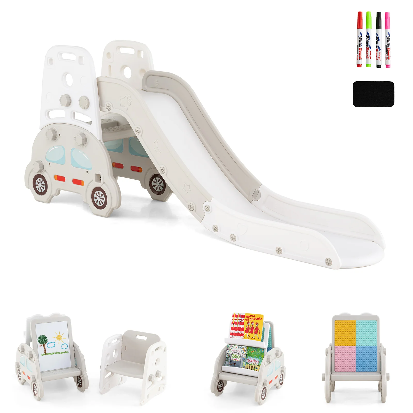 5 in 1 Convertible Toddler Slide Set Kids Art Easel with Stool and Book Rack - Image 3