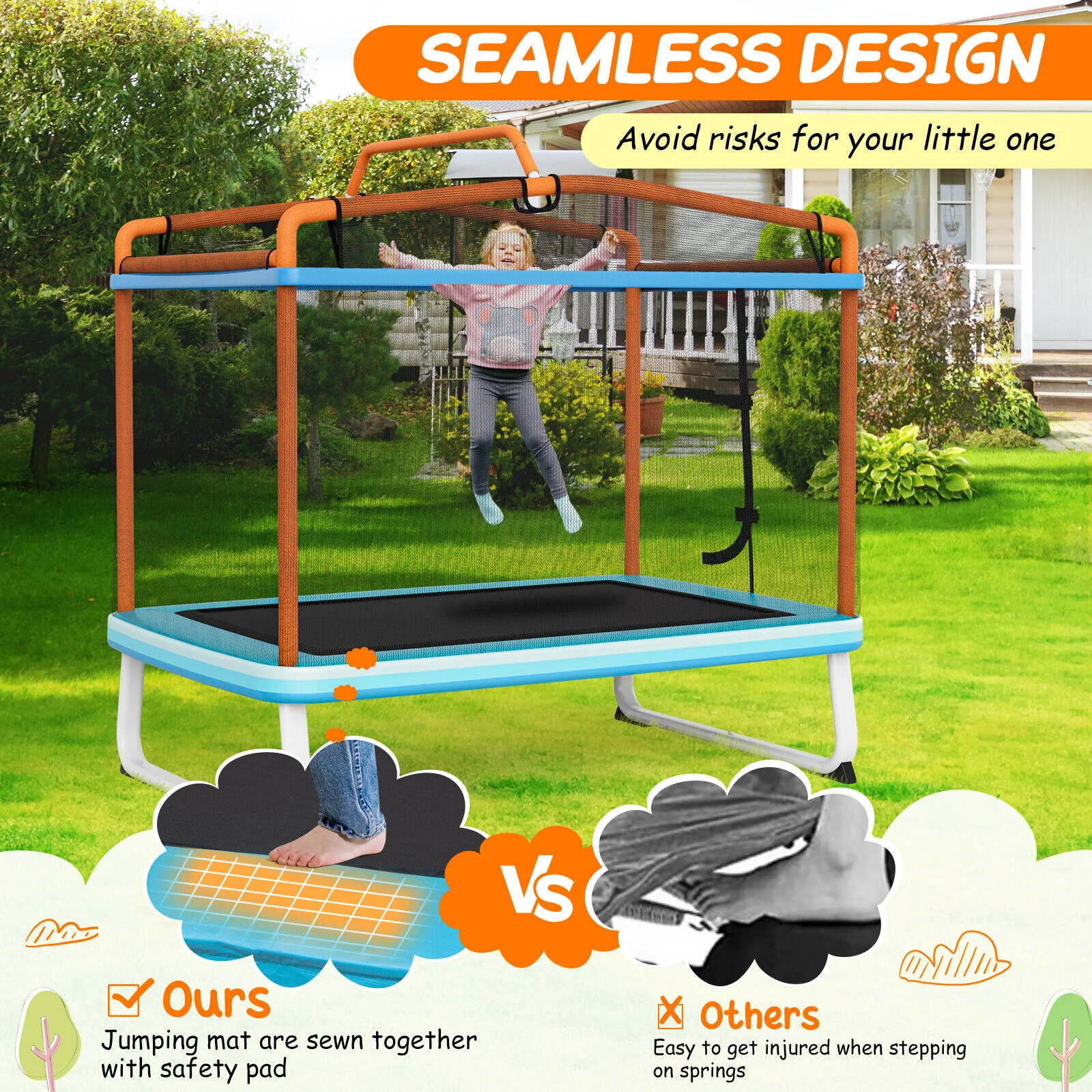 6 Feet Rectangle Trampoline with Swing Horizontal Bar and Safety Net - Image 5