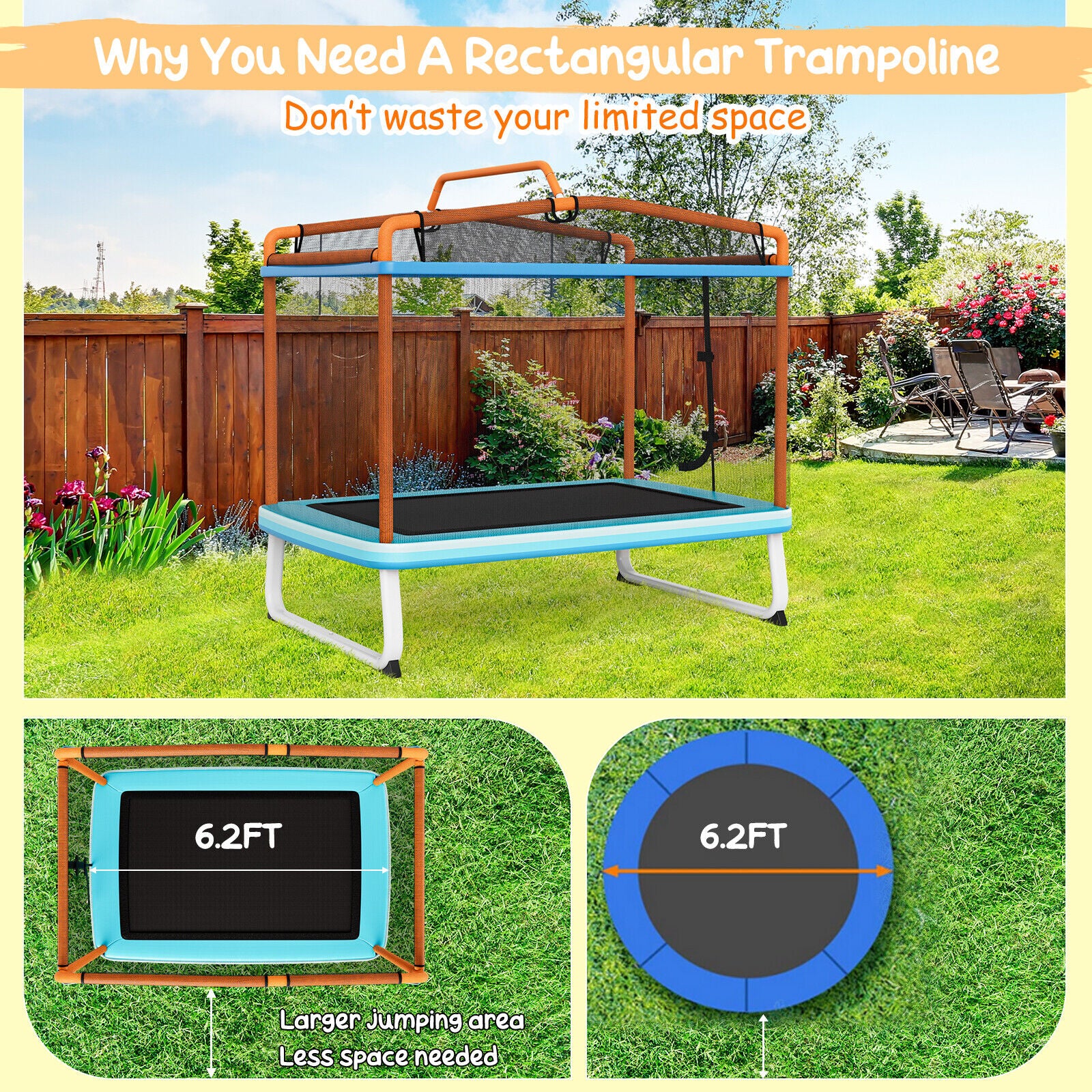 6 Feet Rectangle Trampoline with Swing Horizontal Bar and Safety Net - Image 7