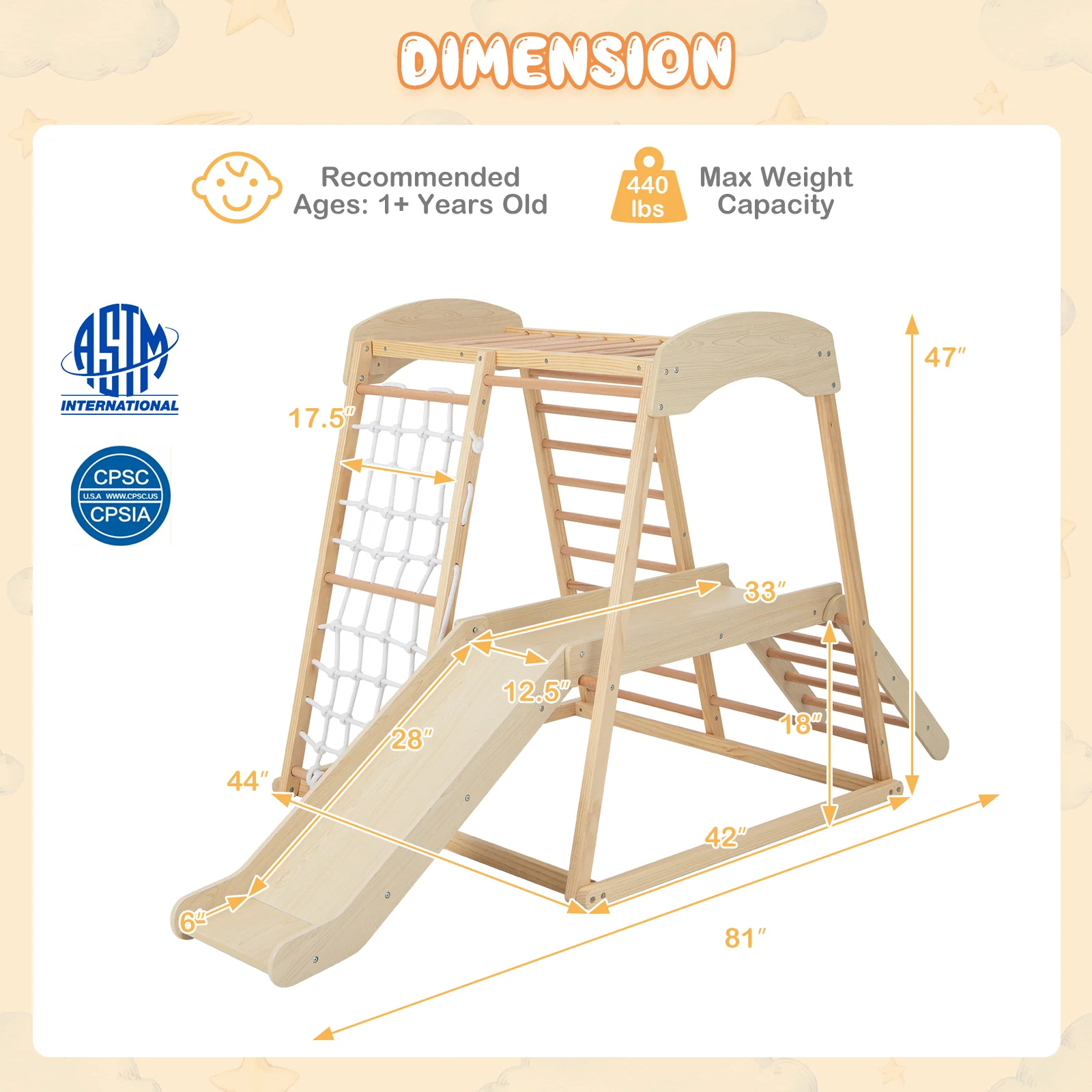 6-in-1 Indoor Jungle Gym Kids Wooden Playground with Monkey Bars - Image 13