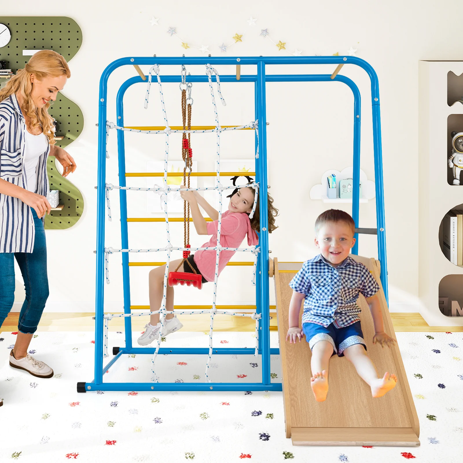 6-in-1 Indoor Jungle Gym with Slide for Boys and Girls 3+ Years Old-Blue - Image 2
