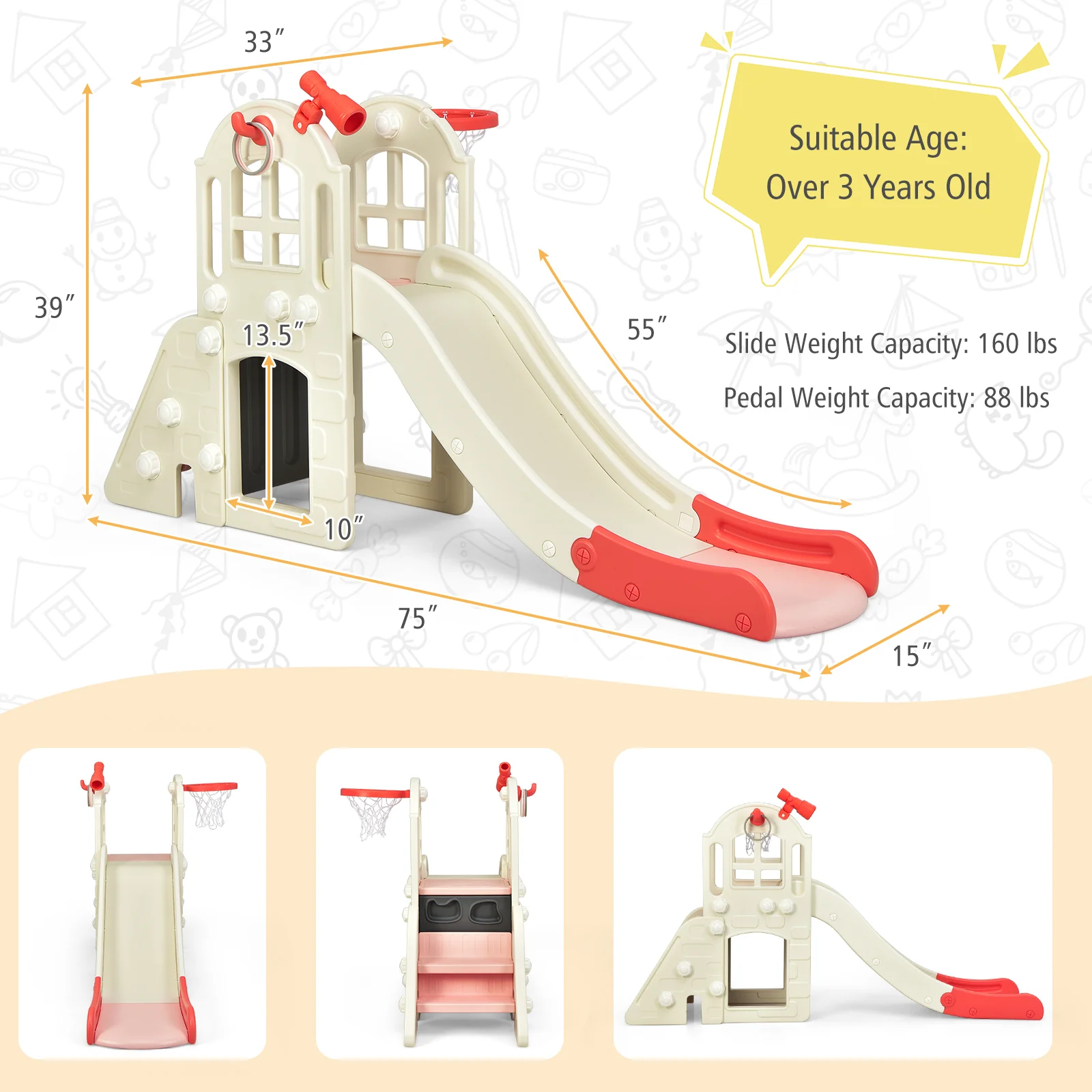 6-In-1 Large Slide for Kids Toddler Climber Slide Playset with Basketball Hoop - Image 13