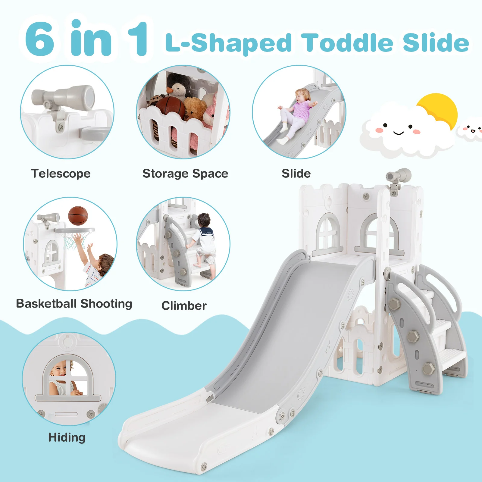 6-in-1 Toddler Slide L-shaped Playground with Basketball Hoop and Ladder - Image 15