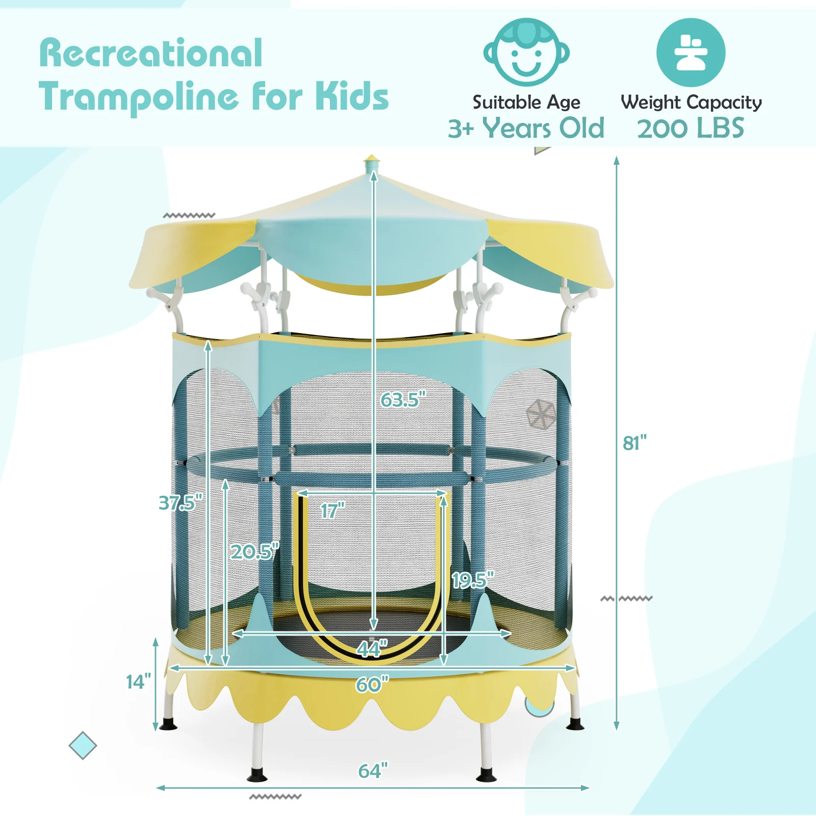 64 Inch Kids Trampoline with Detachable Canopy and Safety Enclosure Net - Image 20