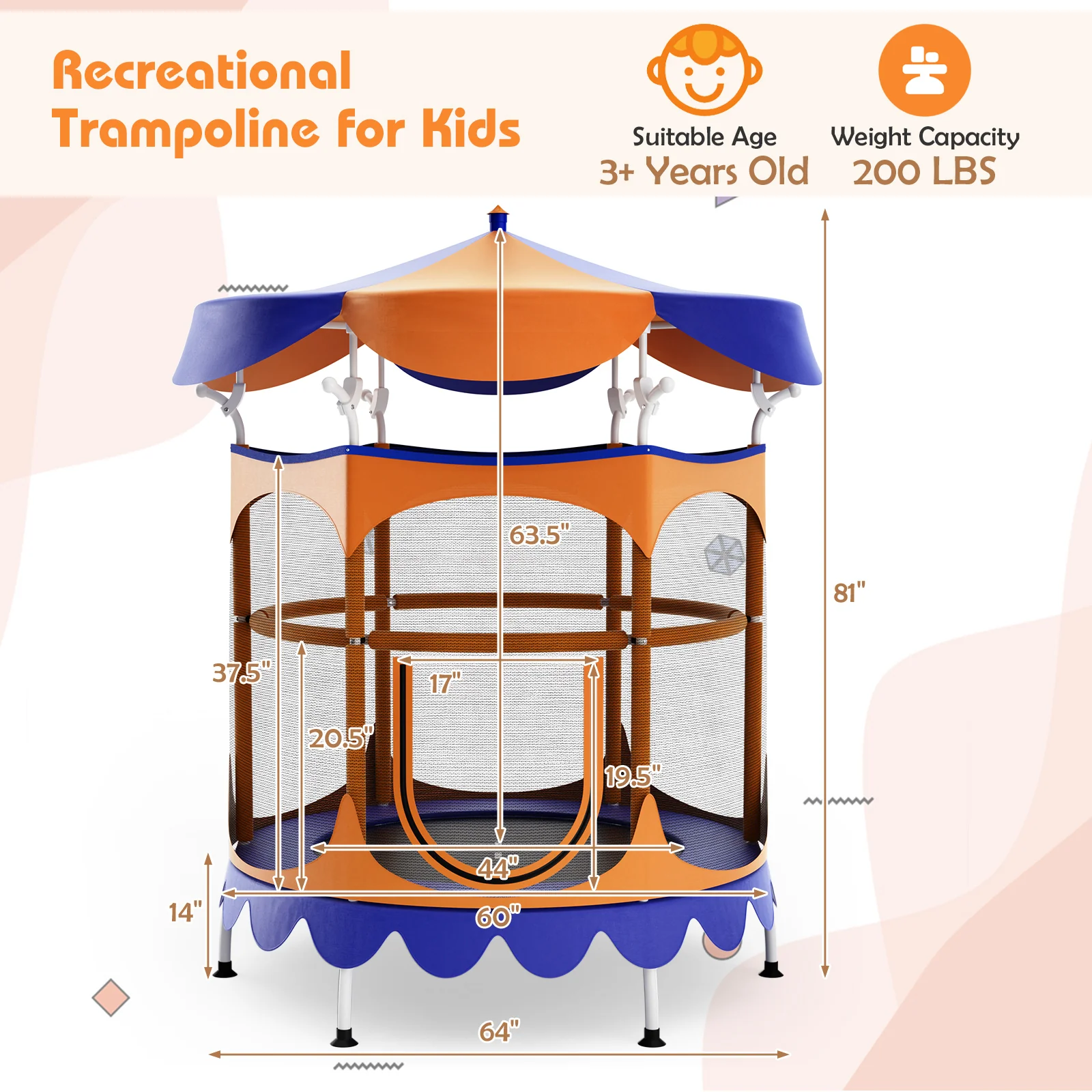 64 Inch Kids Trampoline with Detachable Canopy and Safety Enclosure Net - Image 4