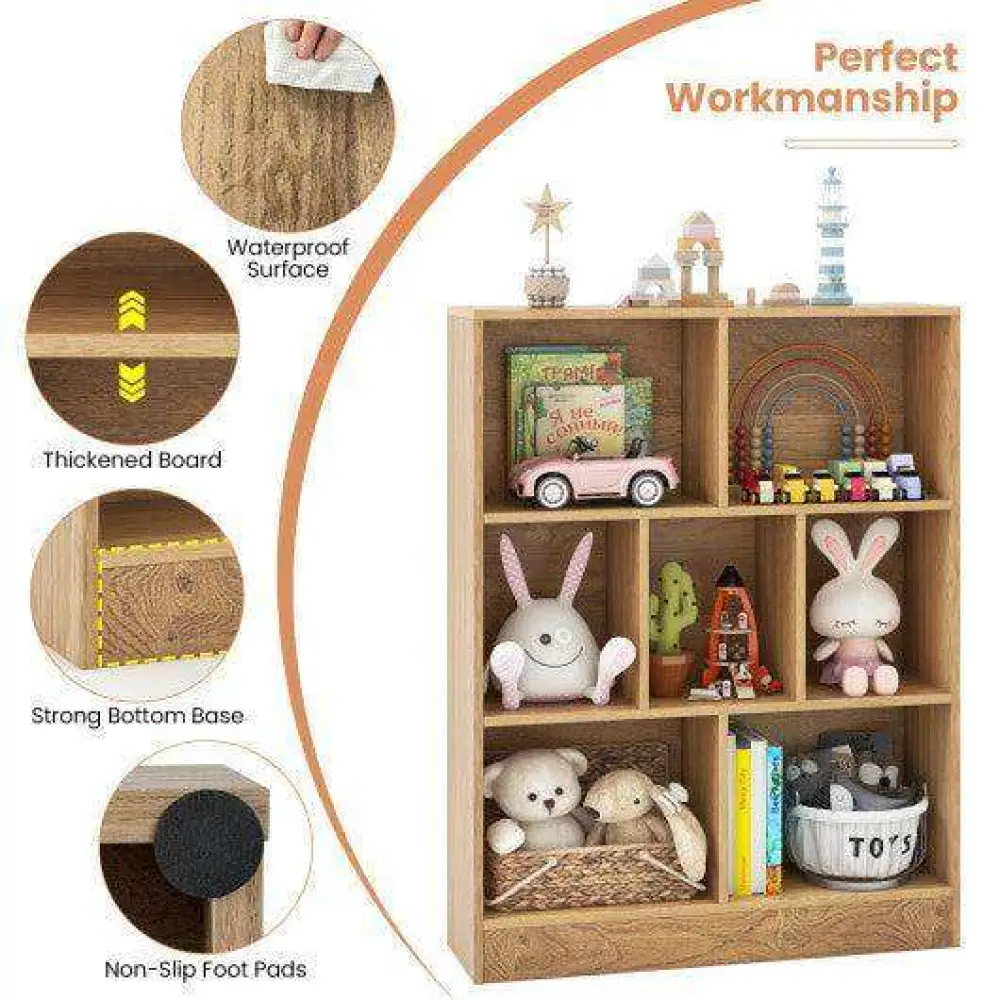 7-Section Freestanding Bookshelf for Kids Room Classroom Daycare Nursery-Natural - Image 7
