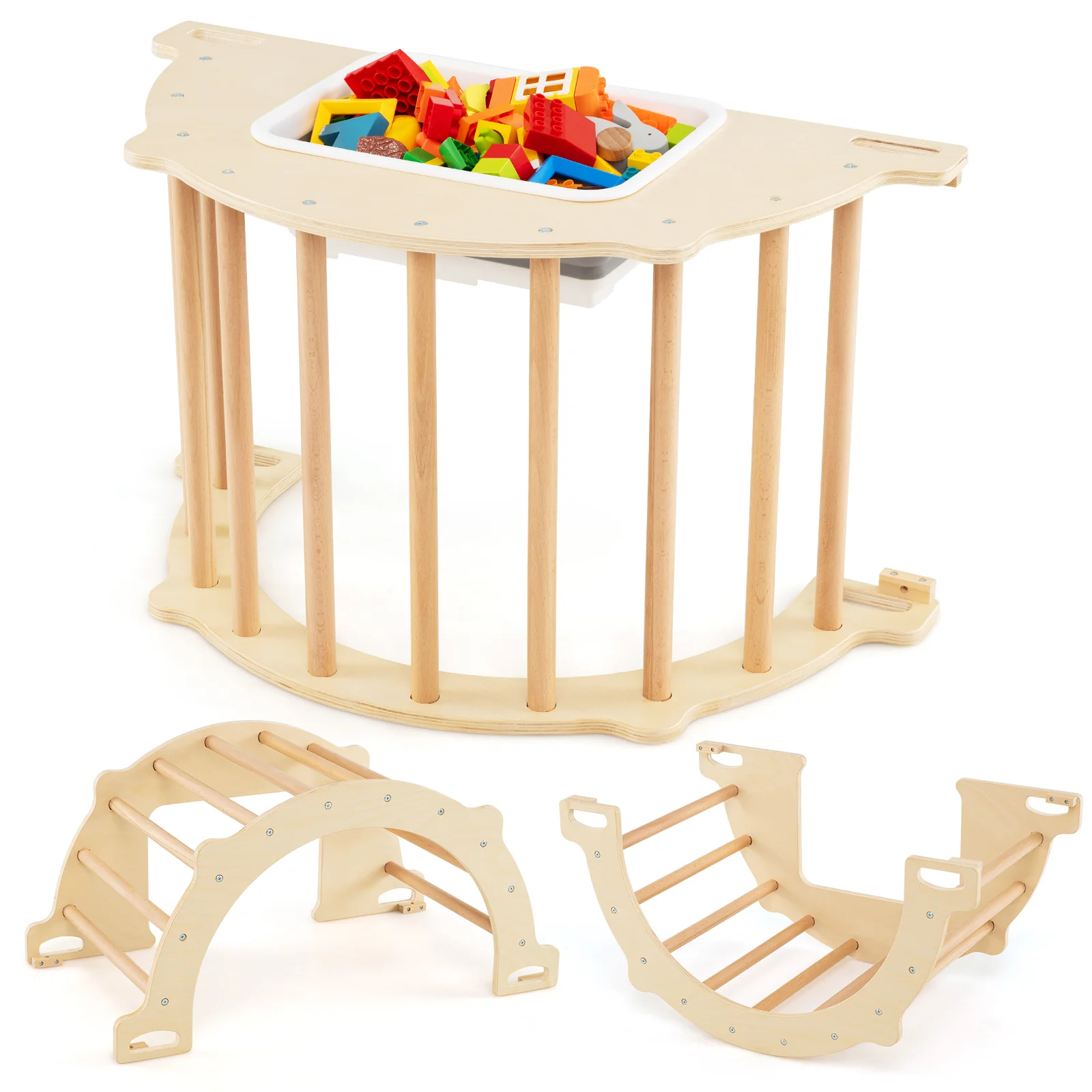 8 in 1 Climbing Arch Sensory Table with Collapsible Storage Bin for Kids-Natural - Image 3