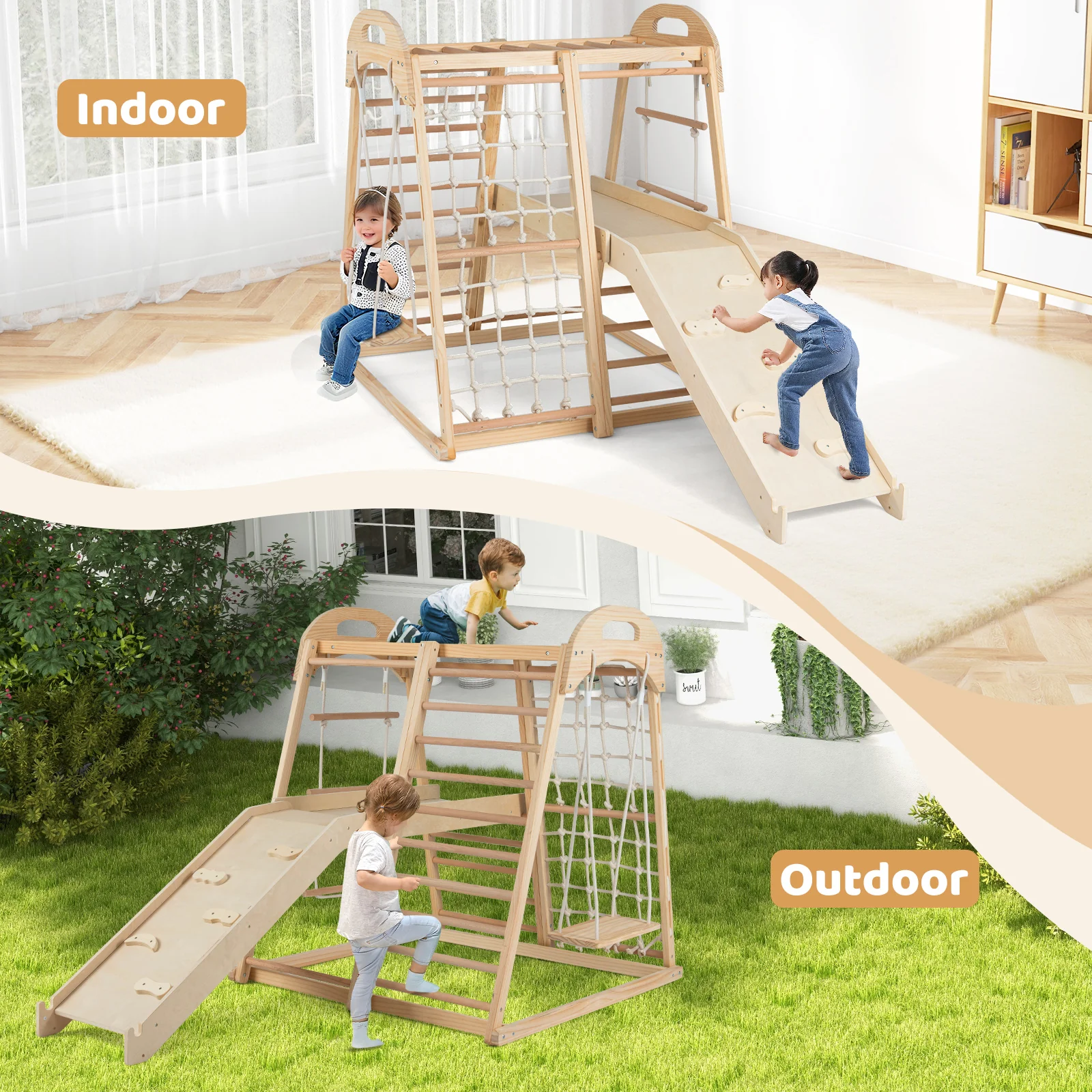 8-in-1 Jungle Gym Wooden Montessori Climber Playset with Slide and Monkey Bar for Kids 3-5 Years Old-Natural - Image 8