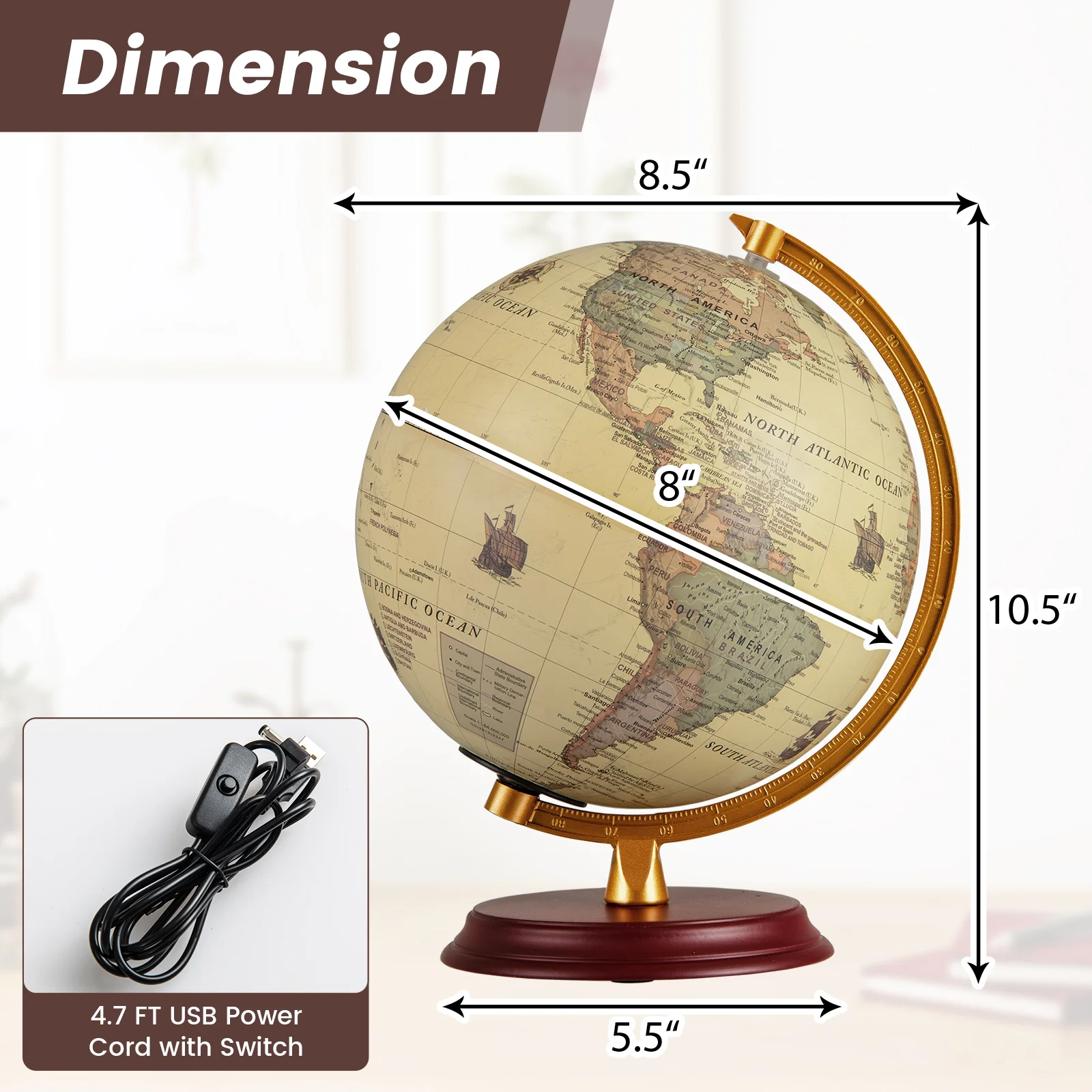 8 Inch Illuminated World Globe Night Light up Globe Lamp with Wooden Stand and HD Map - Image 12
