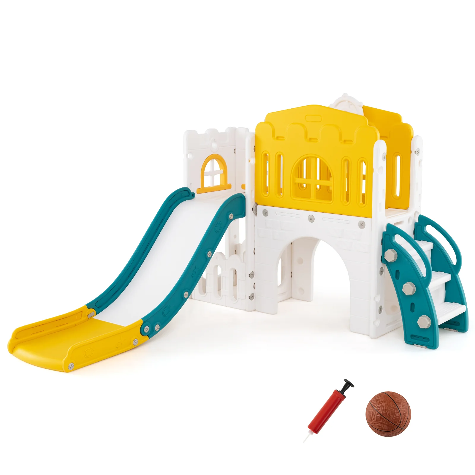 9-in-1 Toddler Slide L-Shaped with Basketball Hoop and Steering Wheel - Image 3