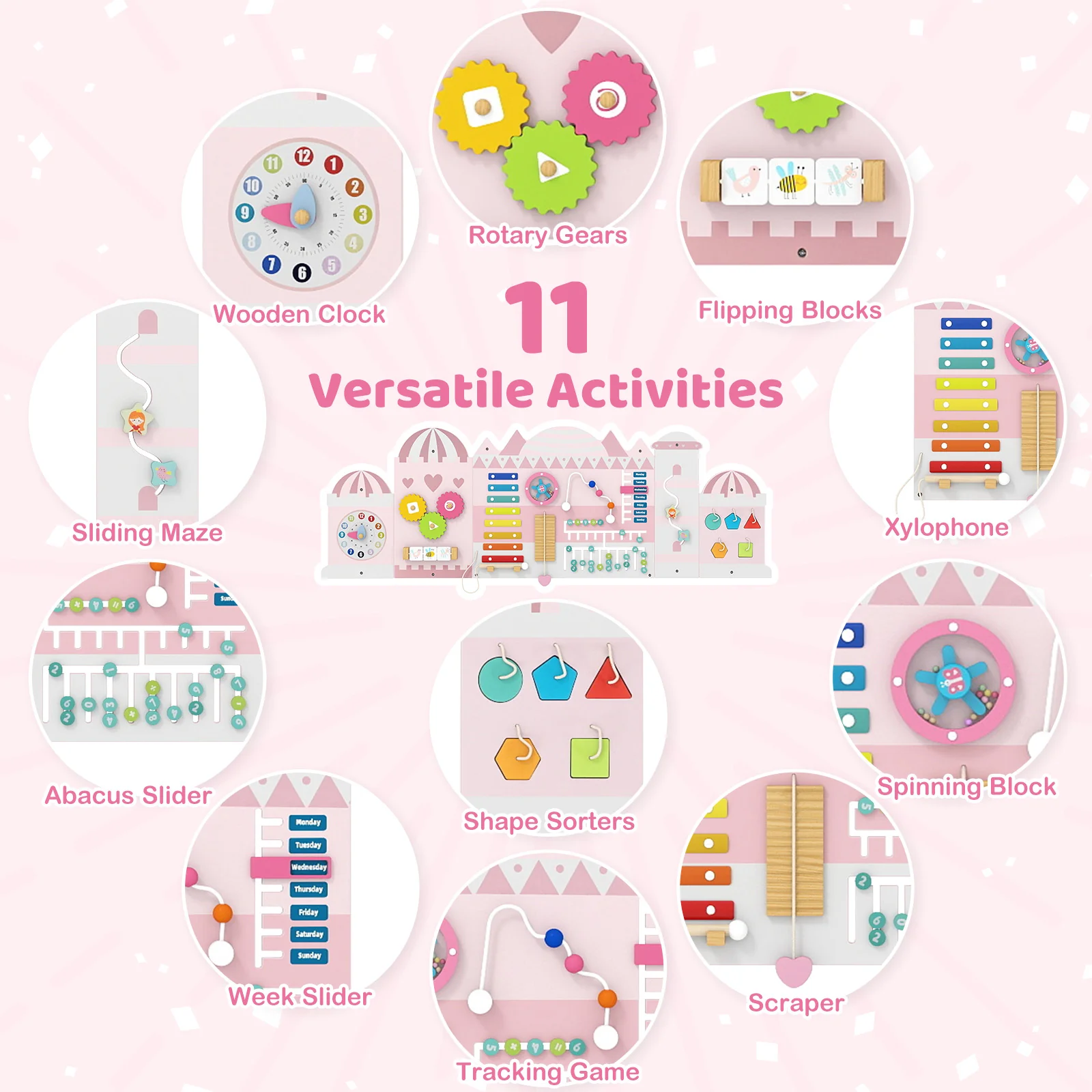 Activity Wall Busy Board Panels for Toddlers Wooden Sensory Board-Pink - Image 7