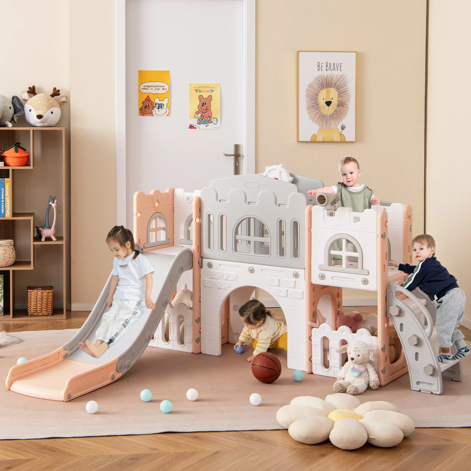 All-in-1 Toddler Slide Playset Playground with Tunnel and Ladder and Basketball - Image 9