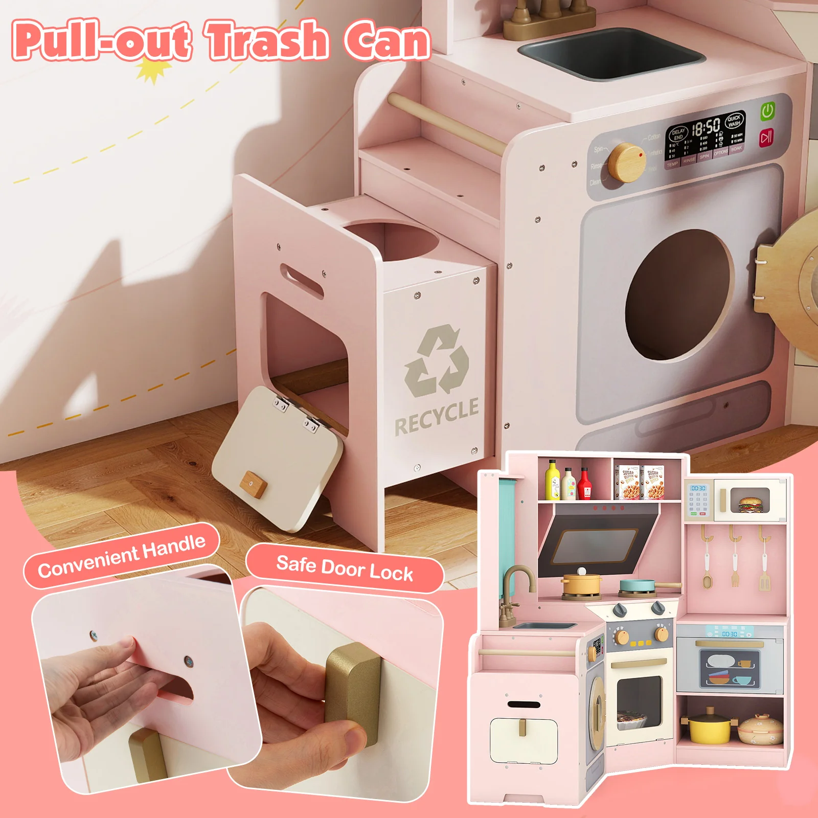 Corner Kitchen Toys with Lights and Sounds with Pull-out Trash Can and Stoves - Image 22
