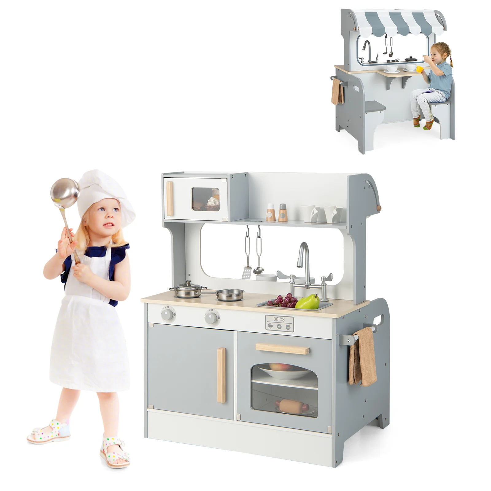 Double Sided Kids Pretend Kitchen Playset with 2-Seat Cafe-Gray - Image 4
