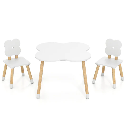 Flower-shaped Kids Table Set with Solid Pine Wood Legs-White - Image 4