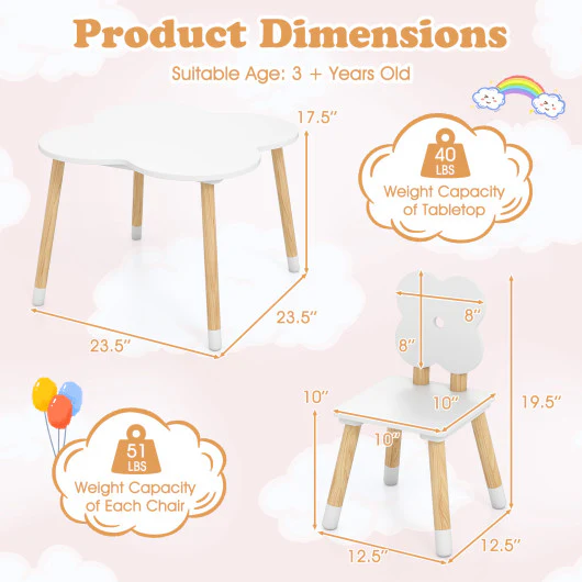 Flower-shaped Kids Table Set with Solid Pine Wood Legs-White - Image 5