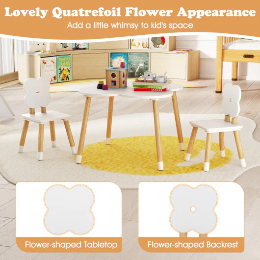 Flower-shaped Kids Table Set with Solid Pine Wood Legs-White - Image 6