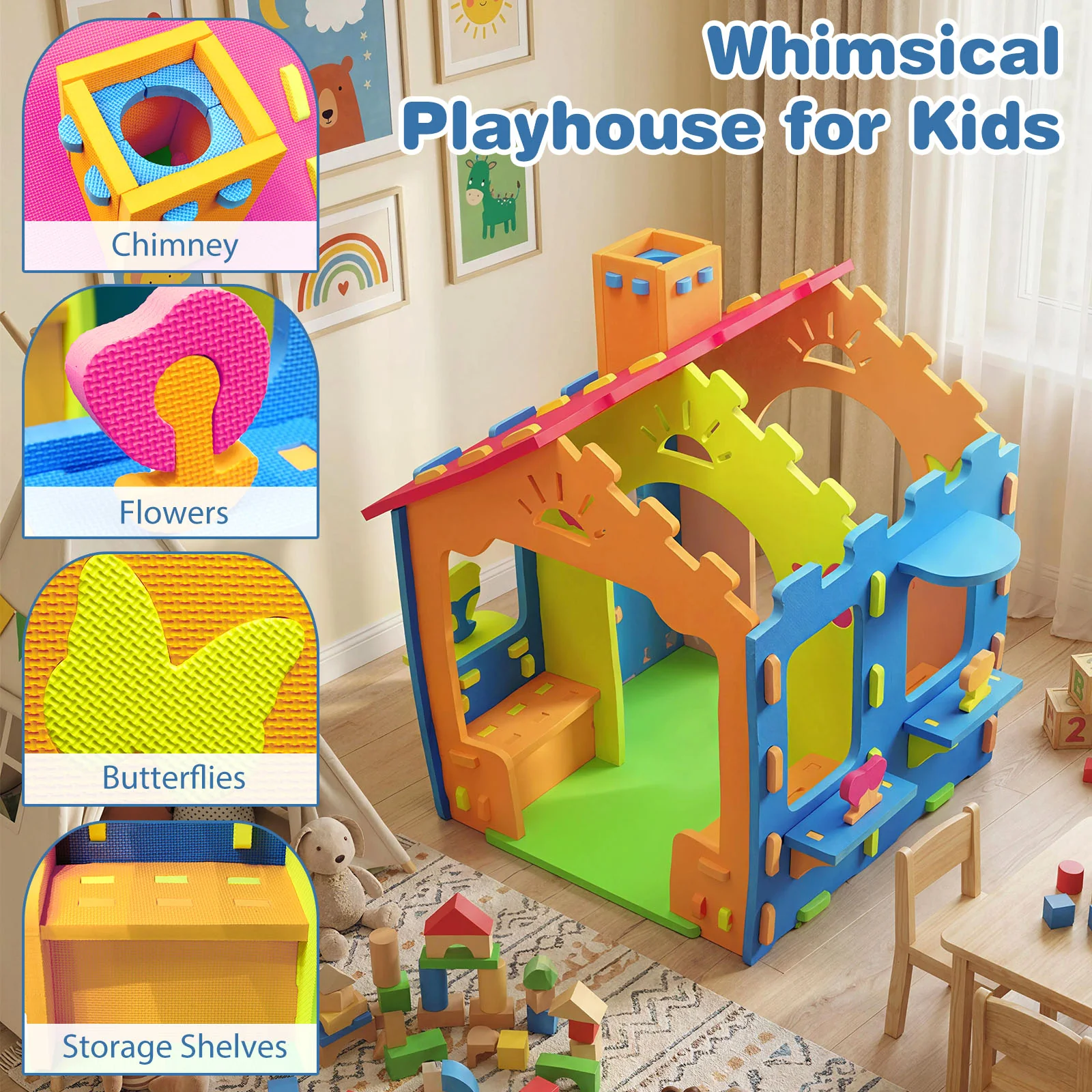 Indoor Cottage Playset with Roof and Chimney for Creative Play - Image 8