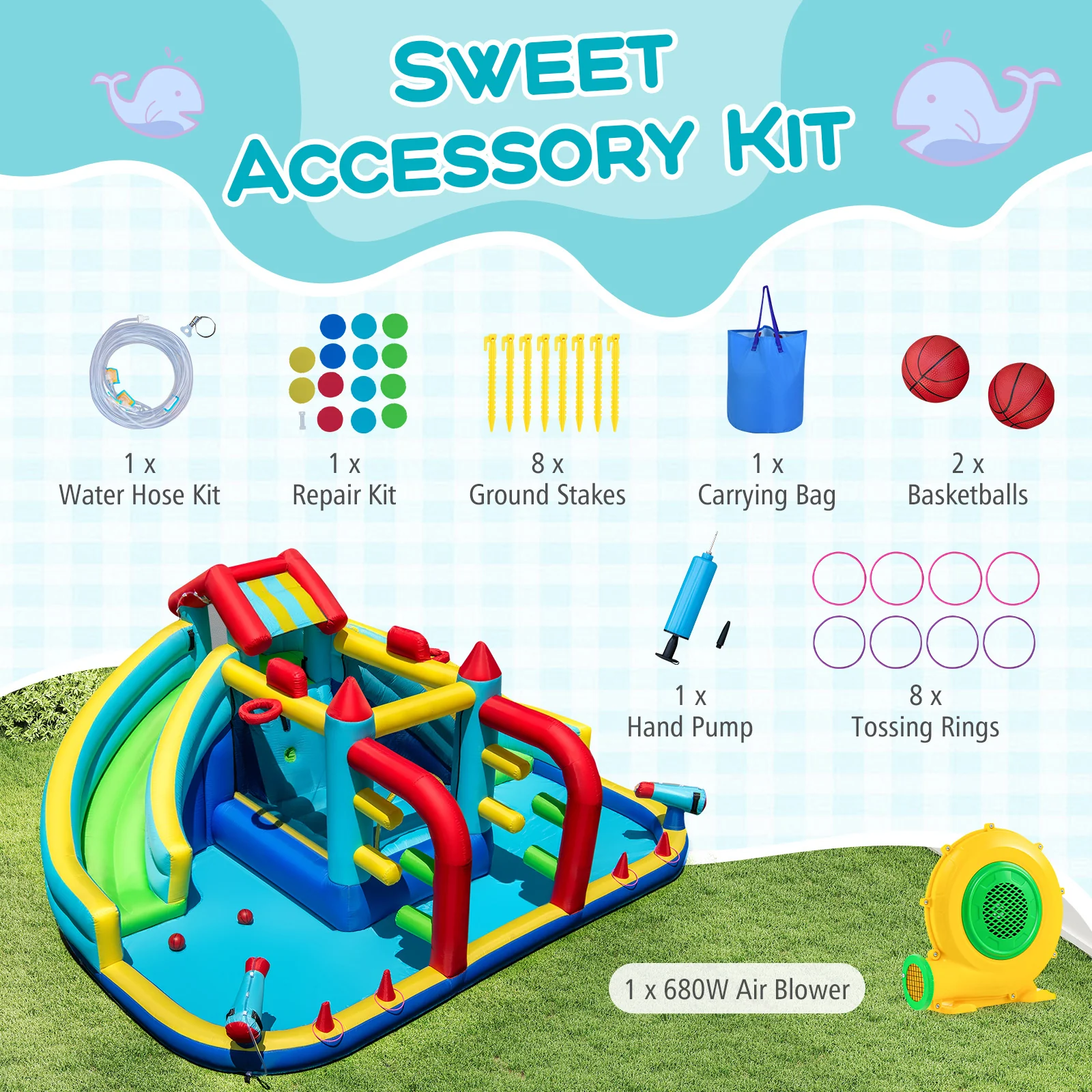 Inflatable Double Water Slide Park with Obstacle Course and 680W Blower - Image 7