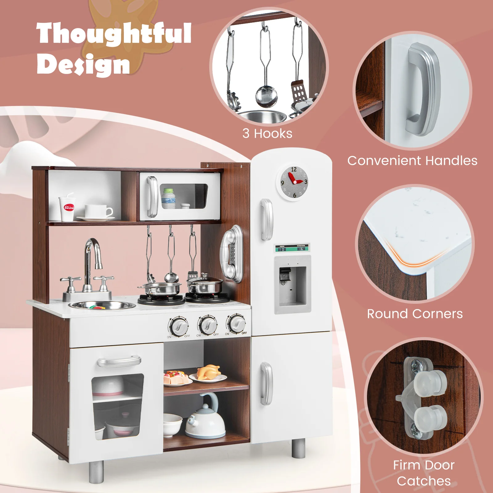 Kids Kitchen Playset with Realistic Sounds and Lights-Brown & White - Image 6